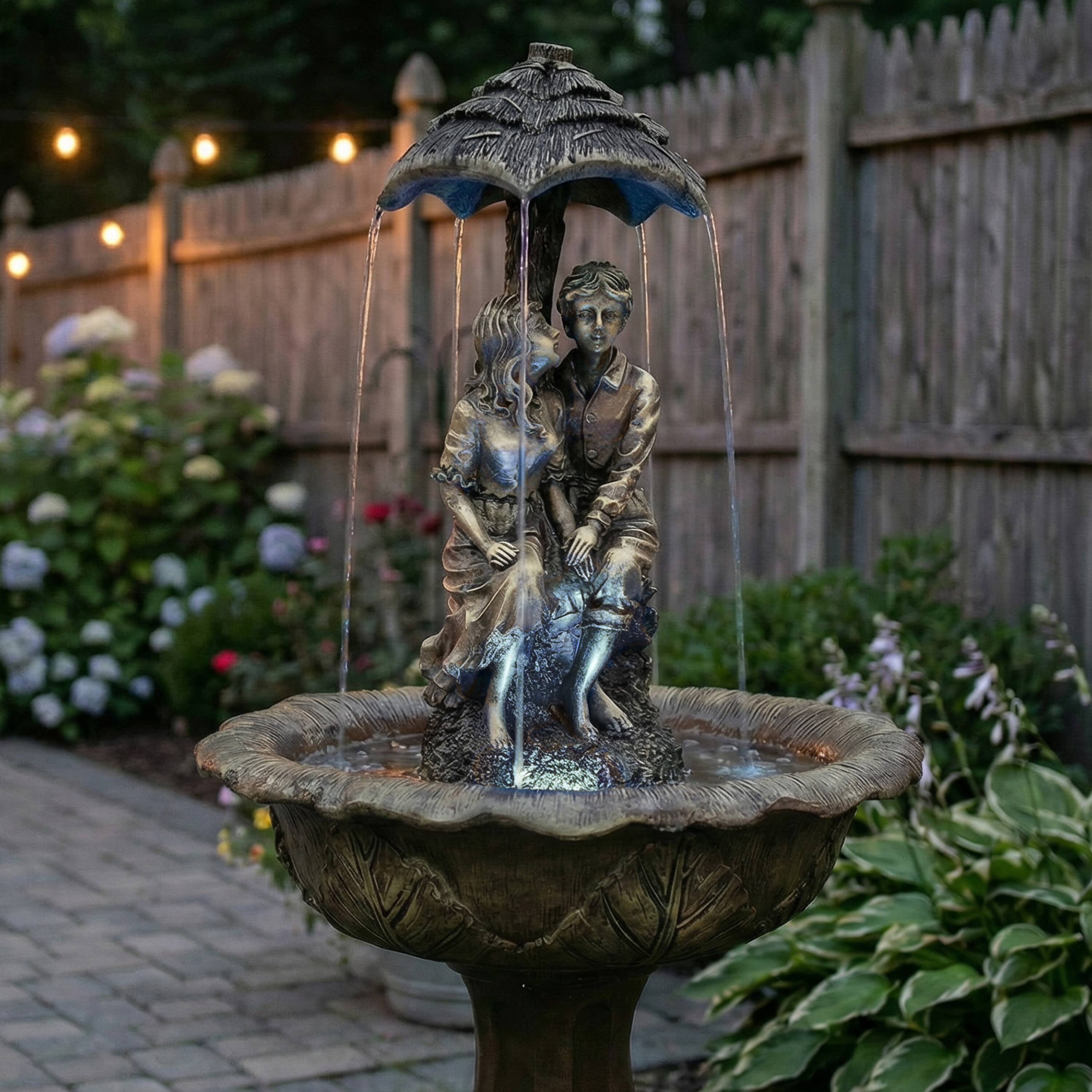 Alt View 9. Sunnydaze - Lovers Umbrella Solar Fountain with Battery/LED Lights - 43 in - Brown.