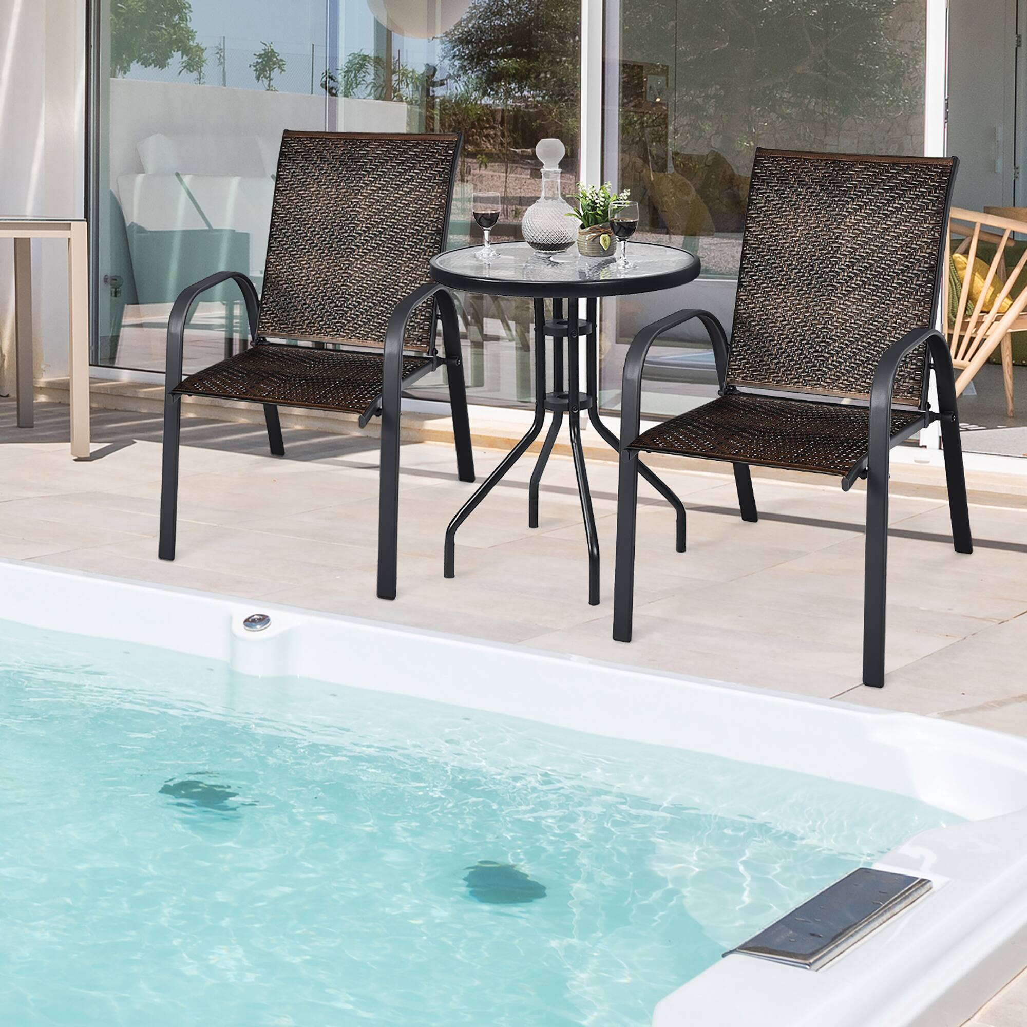 Alt View 1. Costway - Costway Set of 12 Patio Rattan Dining Chairs Stackable Armrest Garden - Brown.