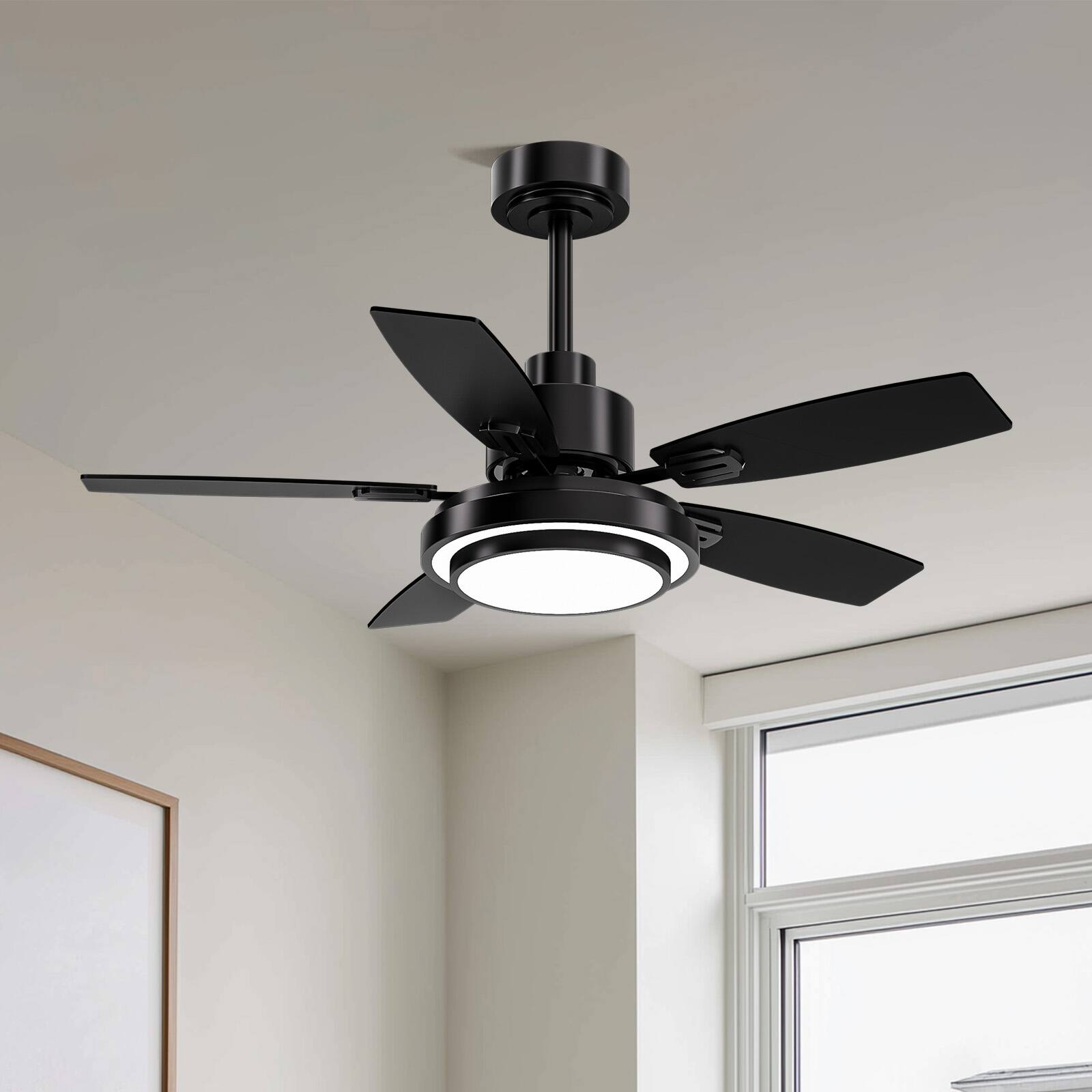 Left. Siljoy - 42 Inch Black Flush Mount Ceiling Fan with LED Lights, Remote, Reversible DC Motor,  Timer – for Bedroom & Living Room - Black.