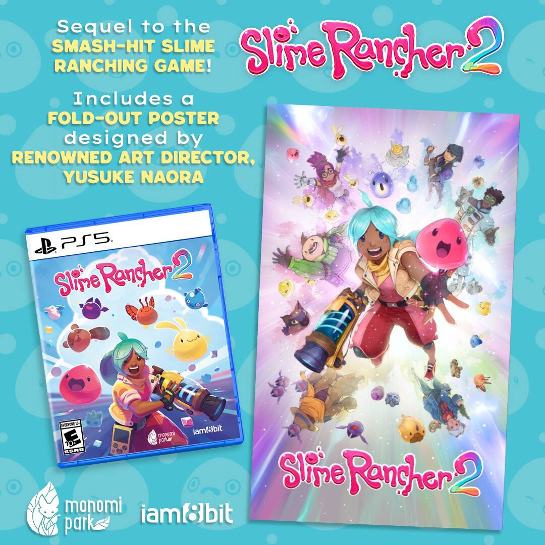 Sequel to the SMASH-HIT RANCHING GAME! SLIME Rancher 2 Includes a FOLD-OUT POSTER designed by RENOWNED ART DIRECTOR, YUSUKE NAORA PS5 Rancher2  e monomi iamf-bit park  n0 - - - Rancher2 monomi iam8bit bit park