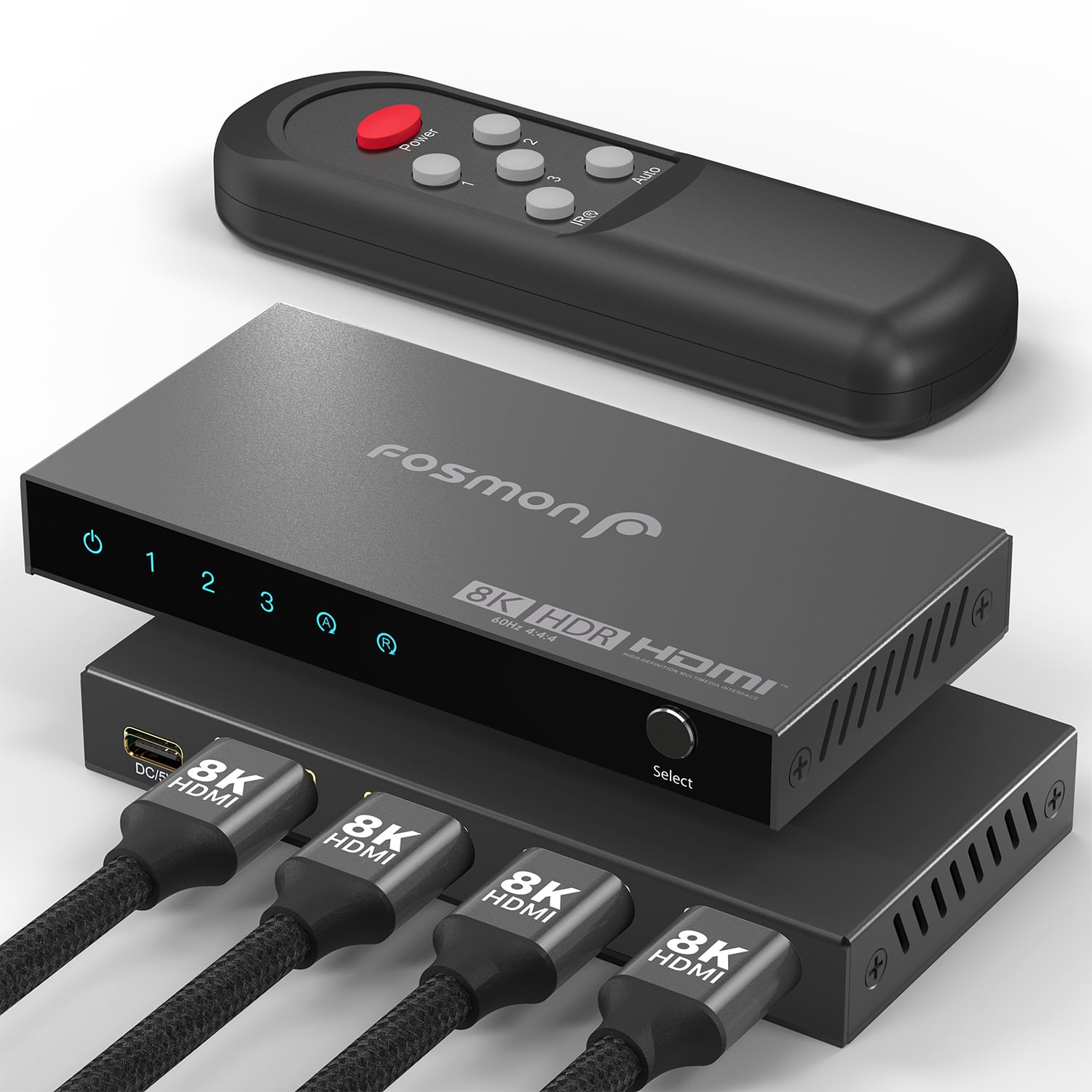 Fosmon - 3-Port 8K HDMI 2.1 Switch with Remote Control, HDCP 2.3 Auto-Switching HDMI Switcher, 3x1 HDMI Splitter for PS5 Apple TV - Black