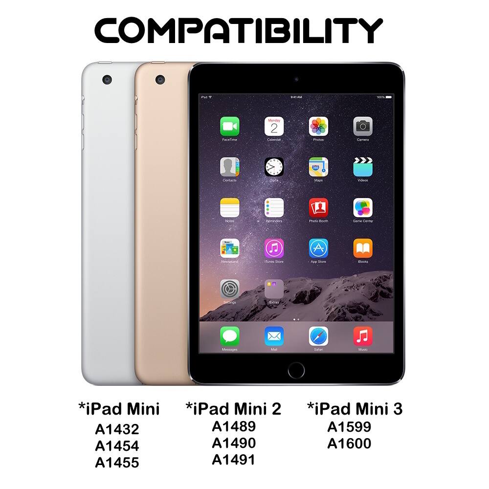 COMPATIBILITY

* iPad Mini
  - A1432
  - A1454
  - A1455

* iPad Mini 2
  - A1489
  - A1490
  - A1491

* iPad Mini 3
  - A1599
  - A1600