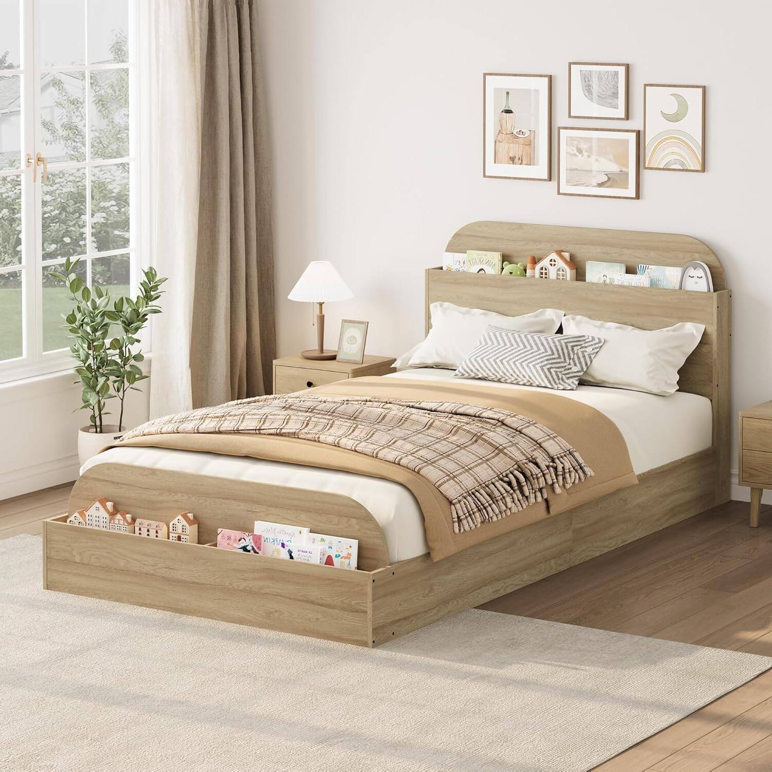 Left. GARVEE - Twin Size Bed Frame, Wooden Storage Headboard, Low Platform, No Box Spring Needed, Sturdy Slats, Natural Finish - Natural.