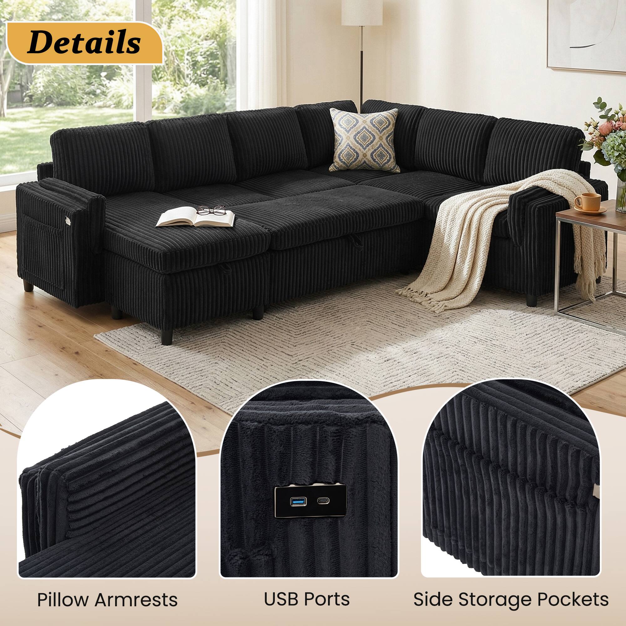 Details: Pillow Armrests, USB Ports, Side Storage Pockets