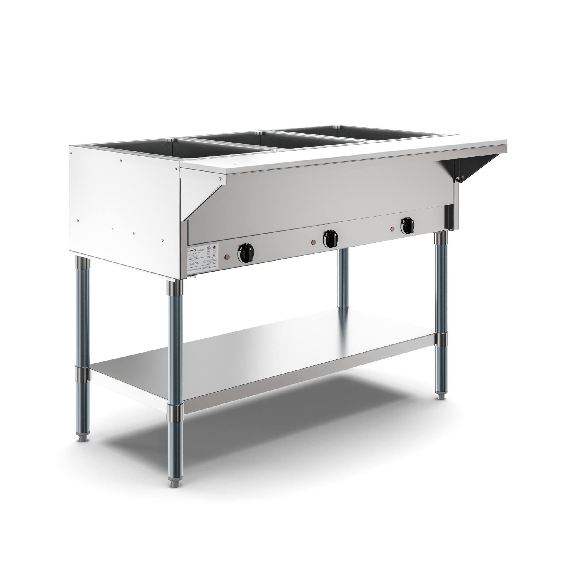 Left. Koolmore - Three Pan Open Well Electric Steam Table with Undershelf, KM-OWS-3. - Silver.