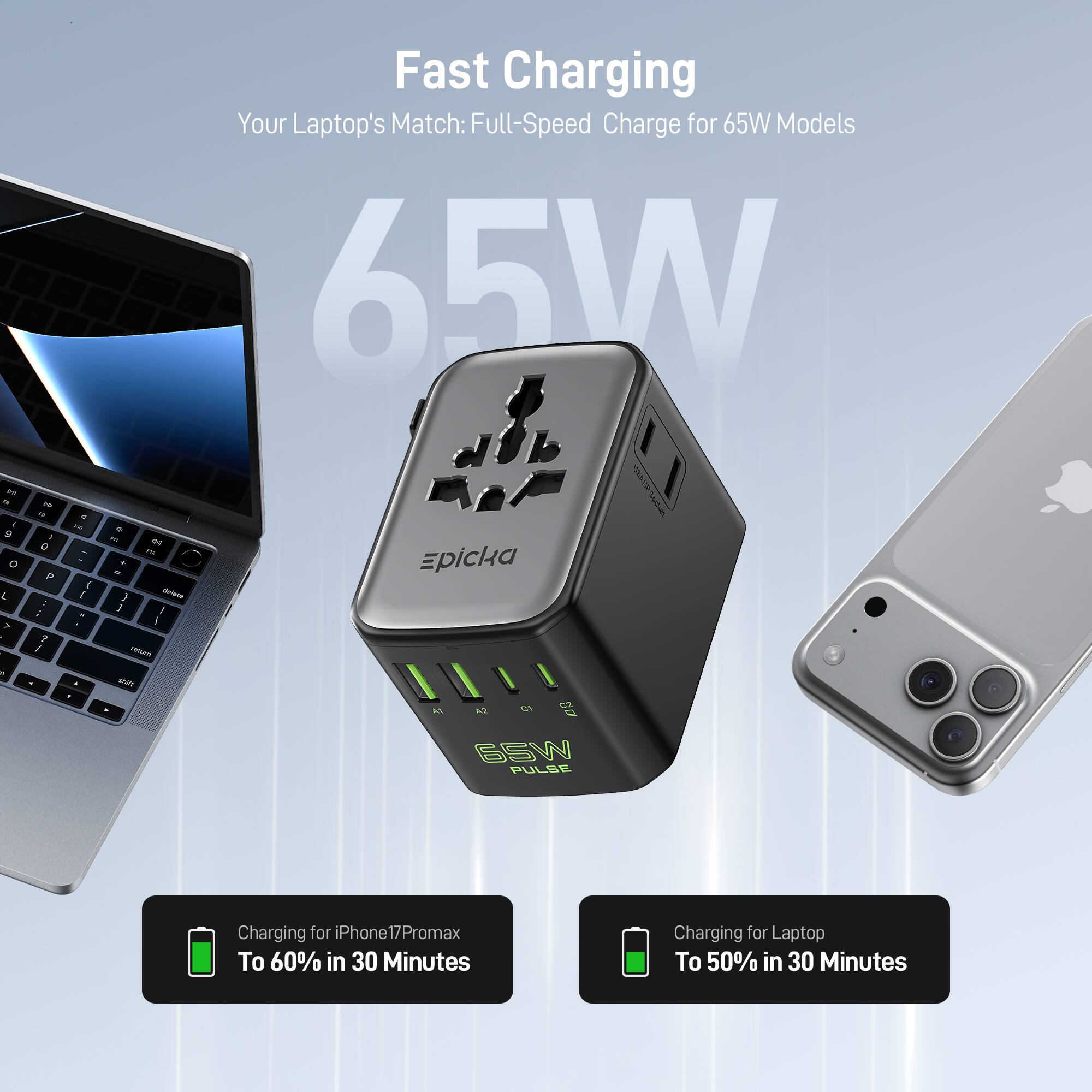 Fast Charging  
Your Laptop's Match: Full-Speed Charge for 65W Models  

65W  

Charging for iPhone 17 Pro Max  
To 60% in 30 Minutes  

Charging for Laptop  
To 50% in 30 Minutes