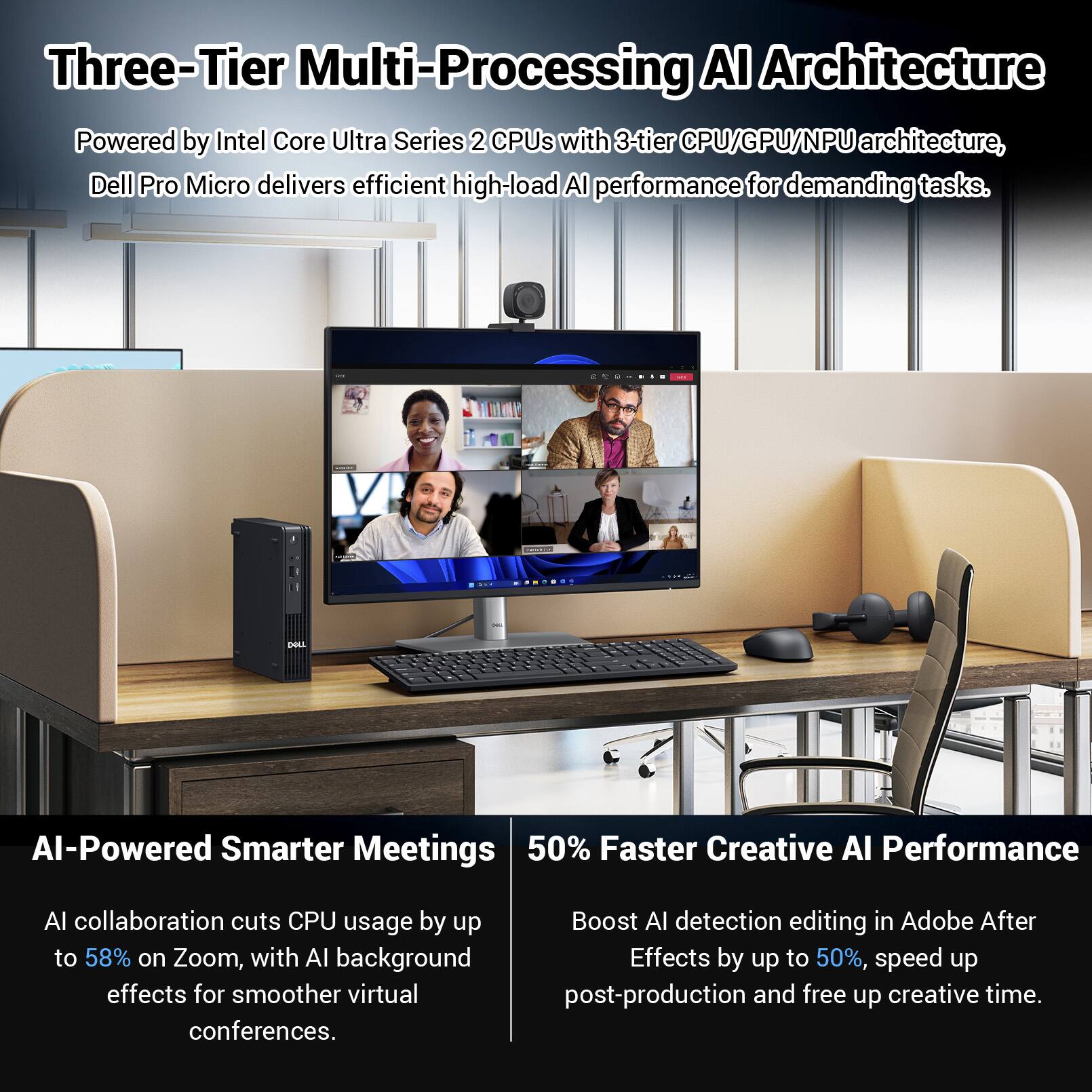Three-Tier Multi-Processing AI Architecture  
Powered by Intel Core Ultra Series 2 CPUs with 3-tier CPU/GPU/NPU architecture, Dell Pro Micro delivers efficient high-load AI performance for demanding tasks.

AI-Powered Smarter Meetings  
AI collaboration cuts CPU usage by up to 58% on Zoom, with AI background effects for smoother virtual conferences.

50% Faster Creative AI Performance  
Boost AI detection editing in Adobe After Effects by up to 50%, speed up post-production and free up creative time.