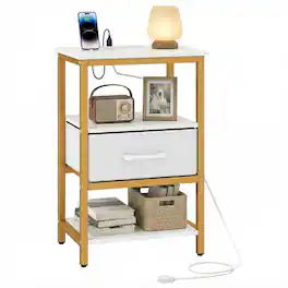 Gymax - Nightstand w/Charging Station Fabric Drawer & Open Storage Shelves Metal Frame - White