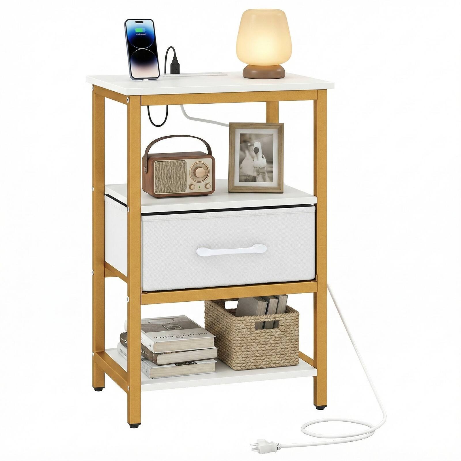 Front. Gymax - Gymax Nightstand w/Charging Station Fabric Drawer & Open Storage Shelves Metal Frame - White.
