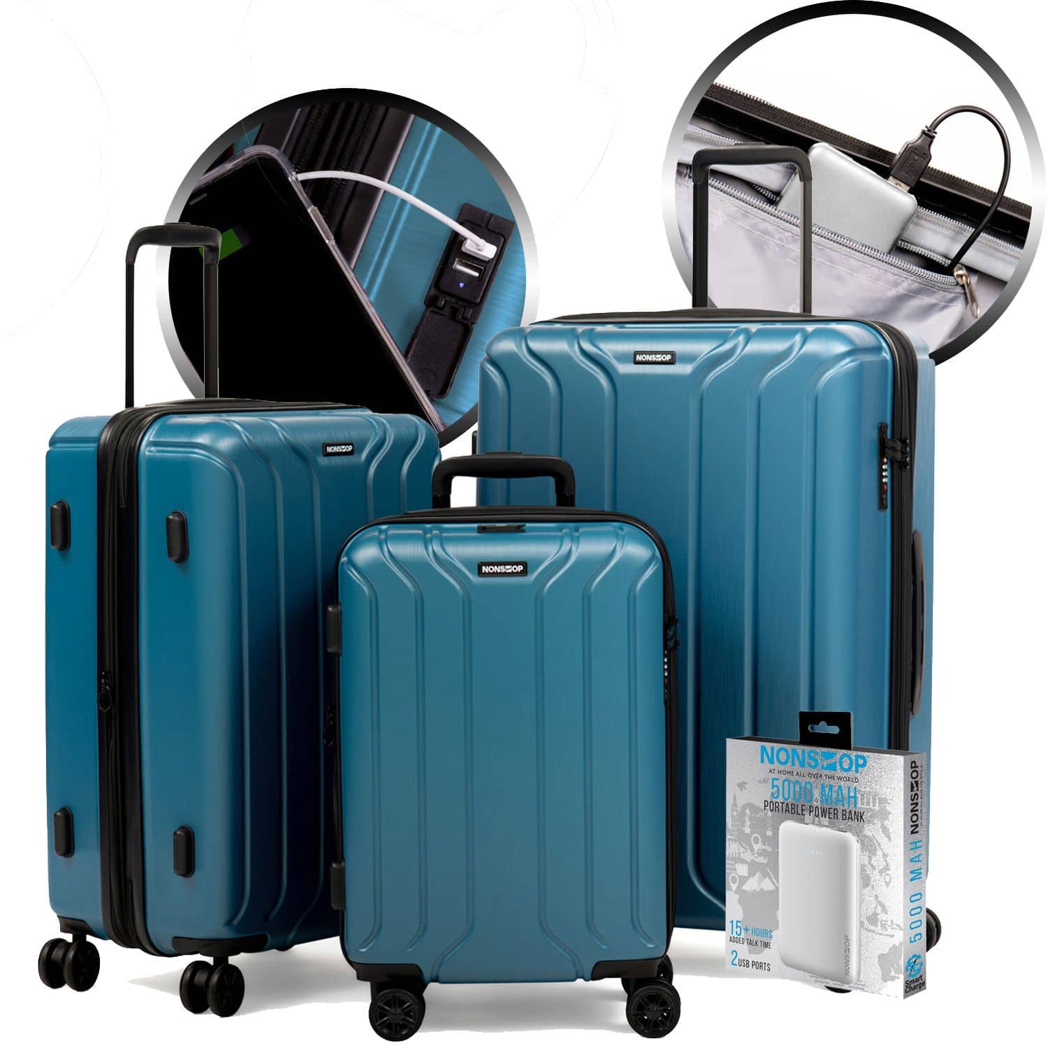 Nonstop - New York 3 Piece Set (20" 24" 28") 4-Wheel Luggage Set + PowerBank & 3 packing cubes - Teal
