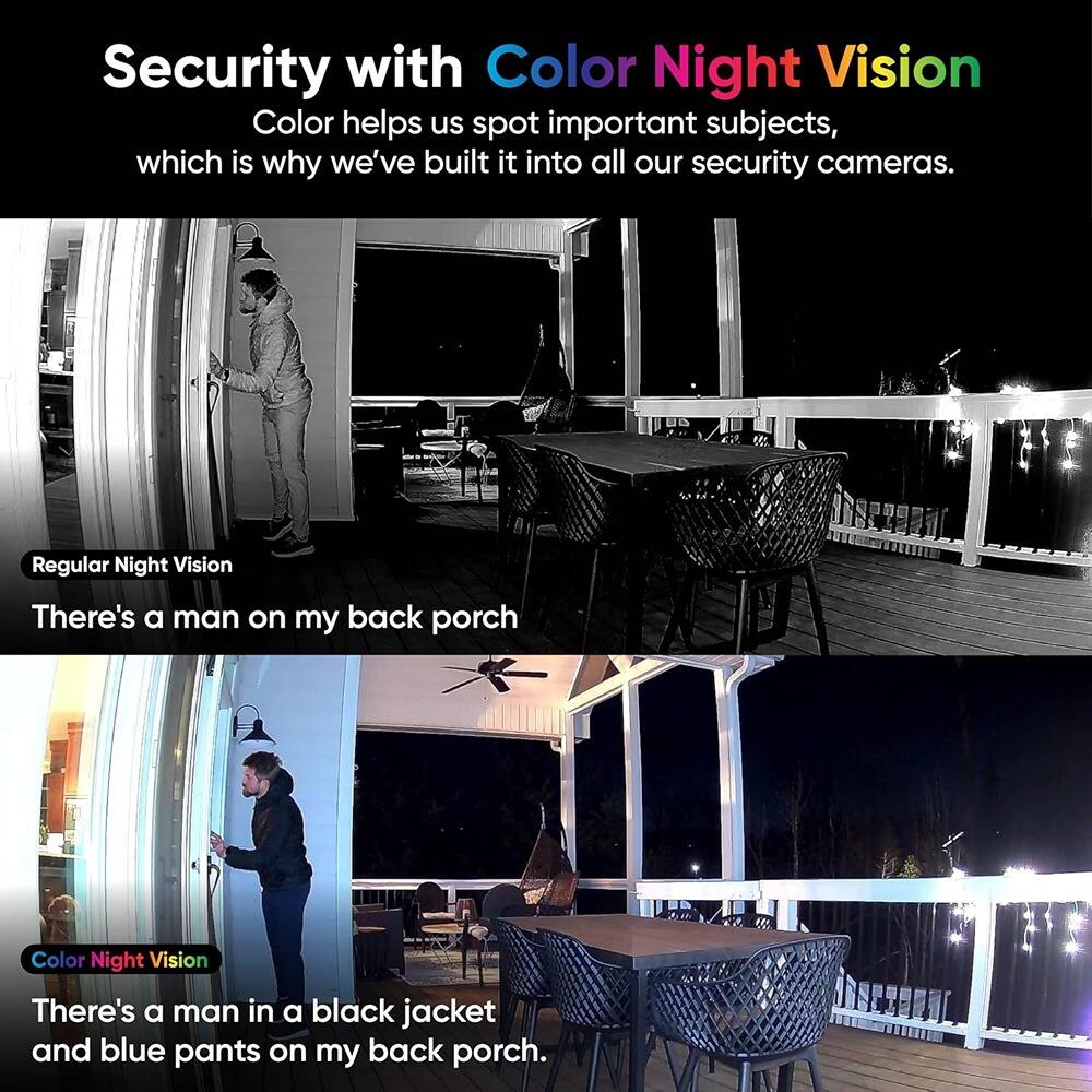 Security with Color Night Vision
Color helps us spot important subjects, which is why we've built it into all our security cameras.
Regular Night Vision
There's a man on my back porch
Color Night Vision
There's a man in a black jacket and blue pants on my back porch.