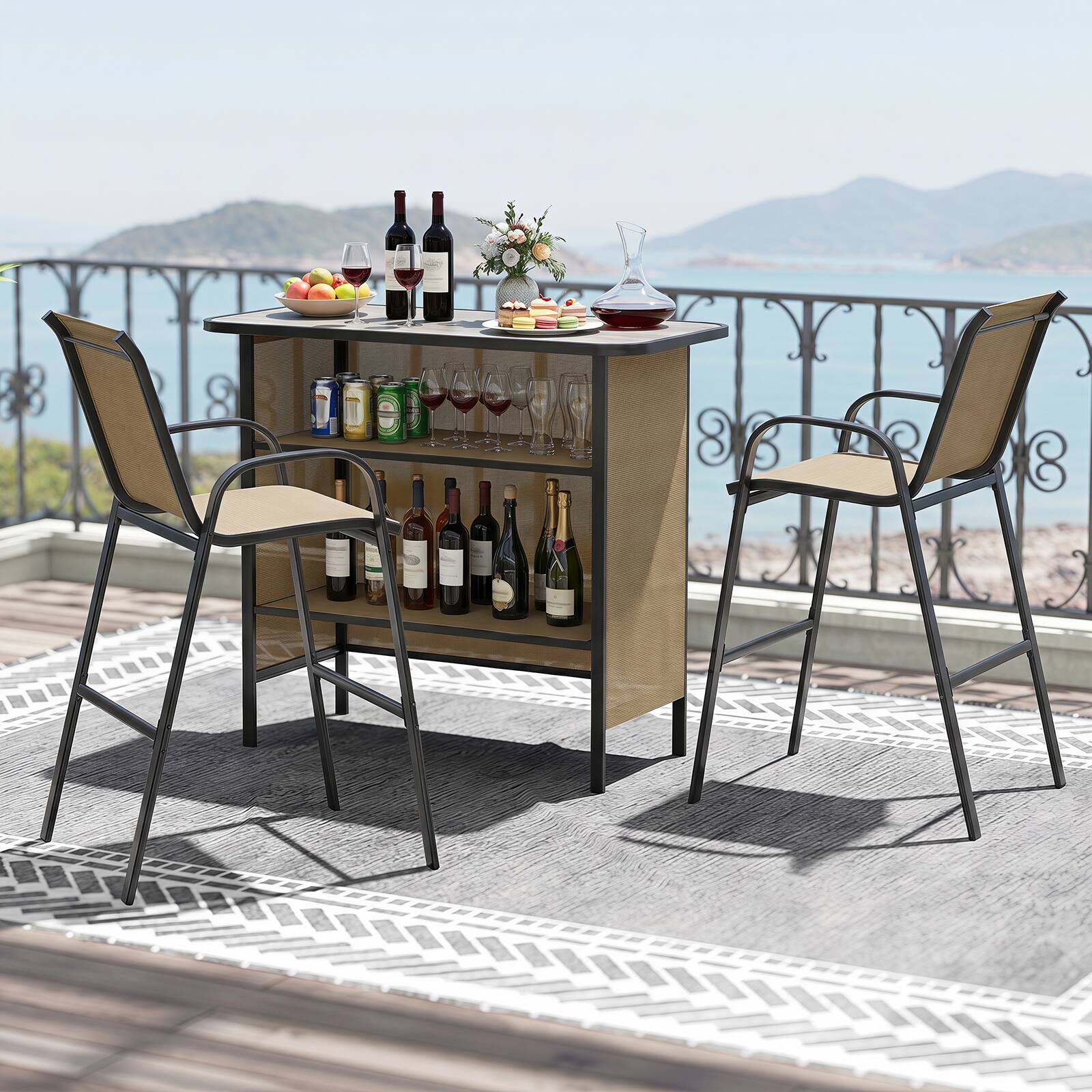 Alt View 3. Costway - Costway 3 PCS Outdoor Bar Set Bar Height Table & Armchairs with Footrest 2-Tier Shelf - Brown.