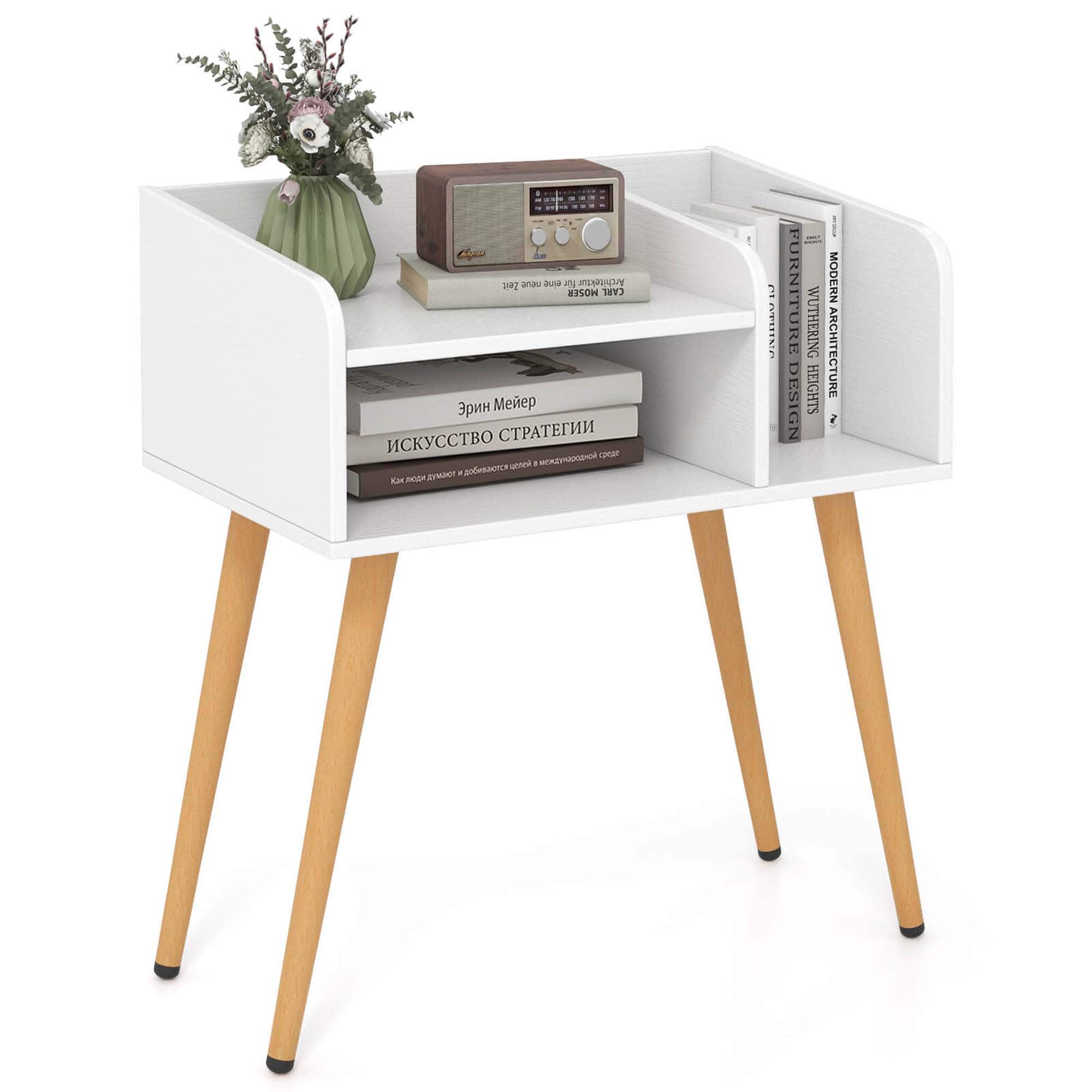Costway - Mid Century Modern End Table with Open Shelves Metal Support Legs for Bedroom - White/Natural
