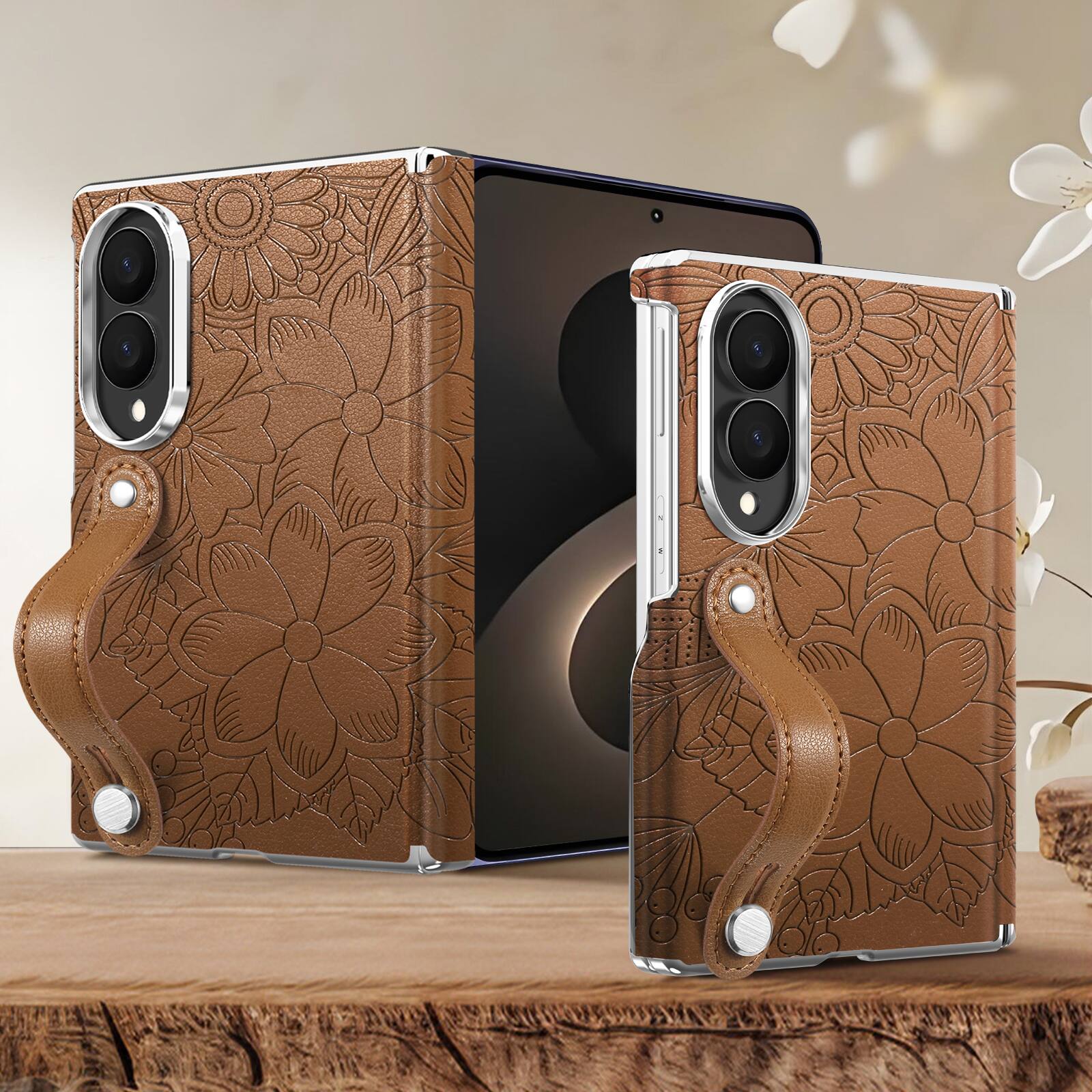 Alt View 3. Dteck - Shockproof Case for Samsung Galaxy Z Fold8 with Wristband, Floral Leather Texture Rigid Plastic Hinge Protective Cover - Brown.