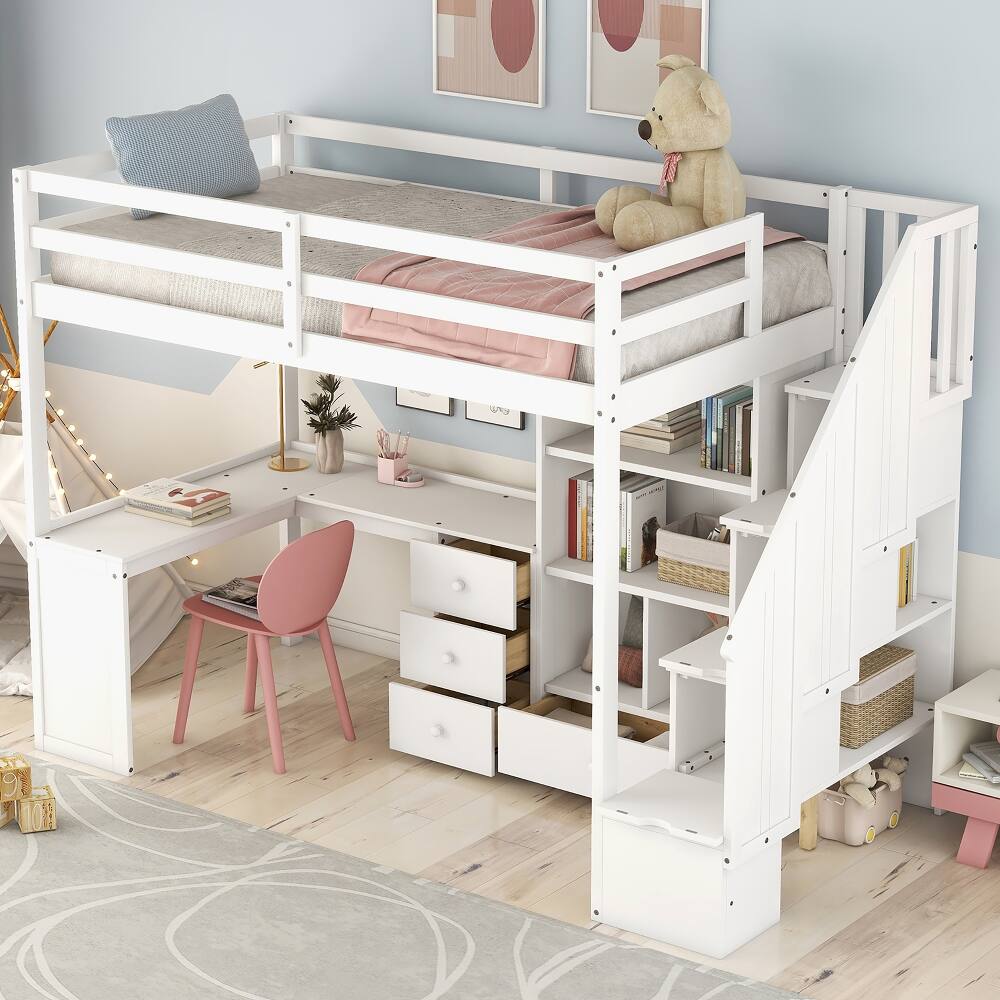 Back. Loheer - Loheer Twin Loft Bed with Desk, White Loft Bed with Storage Stairs - White.