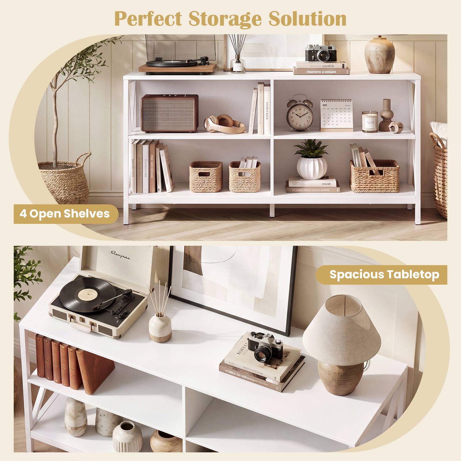 Perfect Storage Solution

4 Open Shelves

Spacious Tabletop