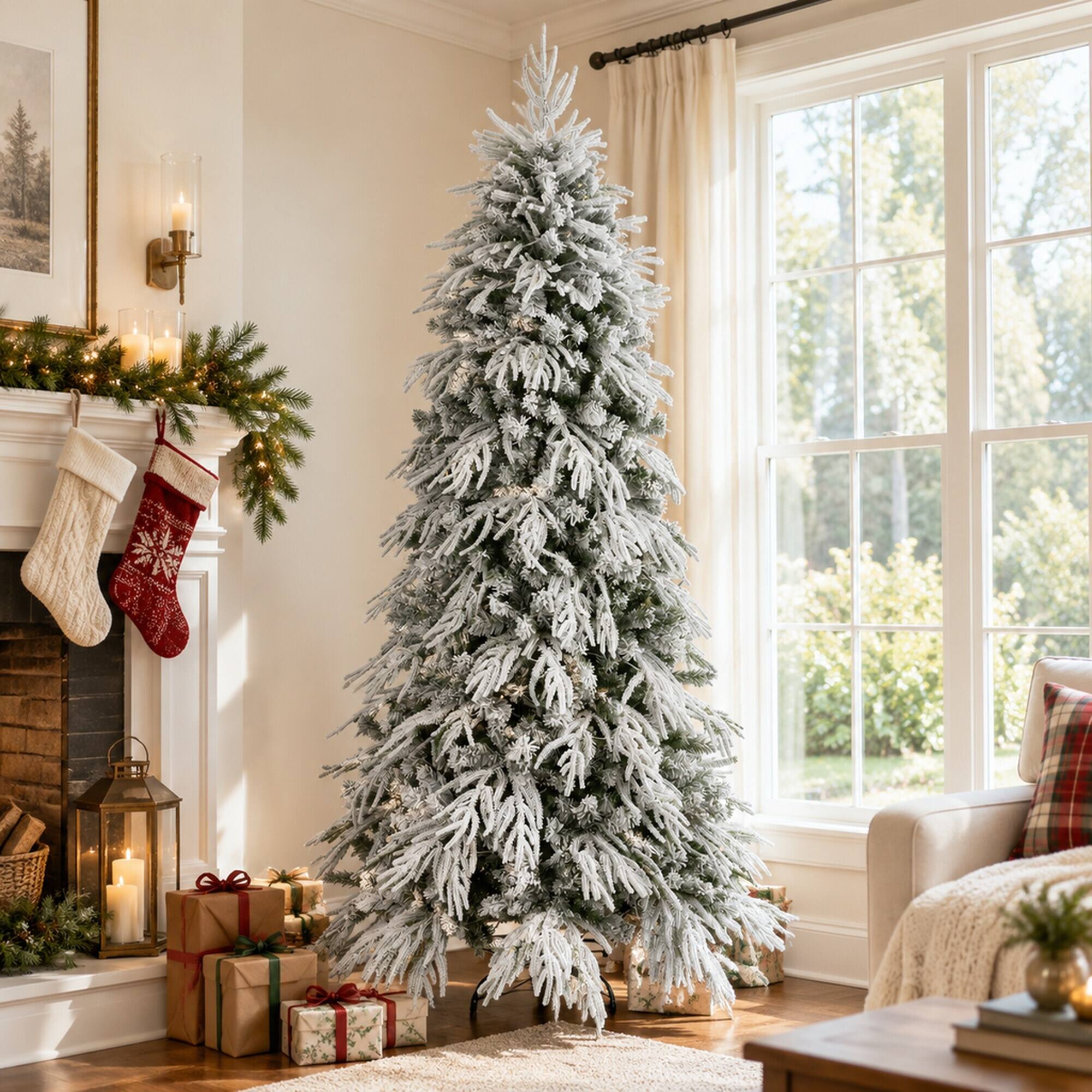Back. RYHNUYNE - 7FT Pre-Lit Slim Flocked Christmas Tree With 250 Warm White LED Lights and 767 Tips, Metal Stand for Narrow Spaces - White.