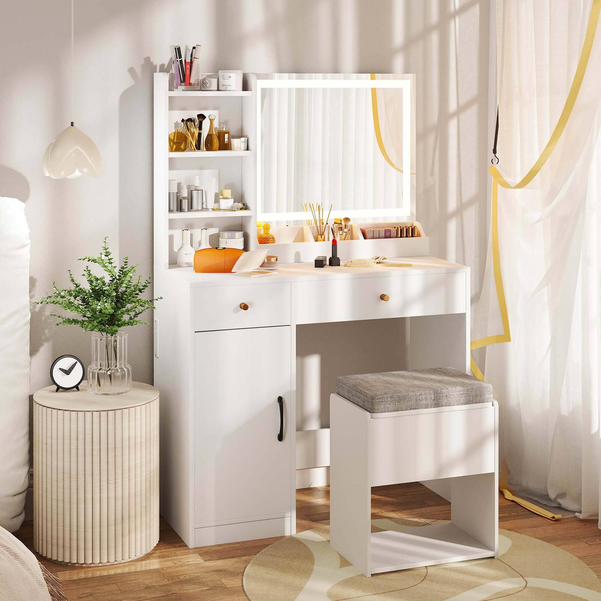 Alt View 3. Costway - Costway Vanity Set Dressing Table and Chair Set with 3 Lighting Modes & Mirror and Lights White - White.