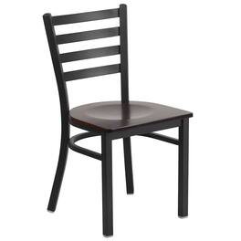 Emma + Oliver - Ladder Back Metal Restaurant Dining Chair - Walnut Wood Seat/Black Metal Frame