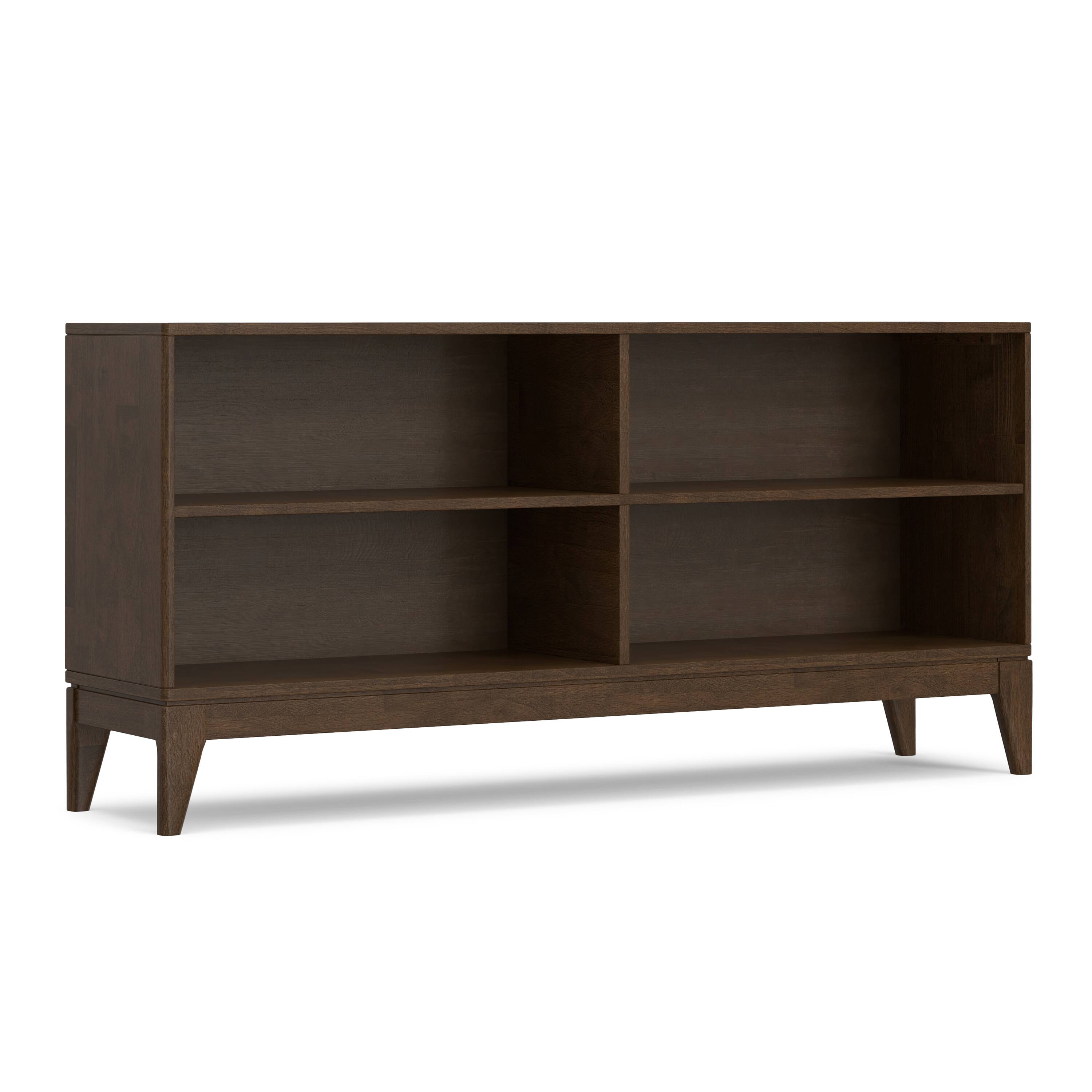 Front. Simpli Home - Harper 30 inch x 64 inch Solid Wood Mid Century 4-Shelf Low Bookcase in Walnut Brown - Walnut Brown.