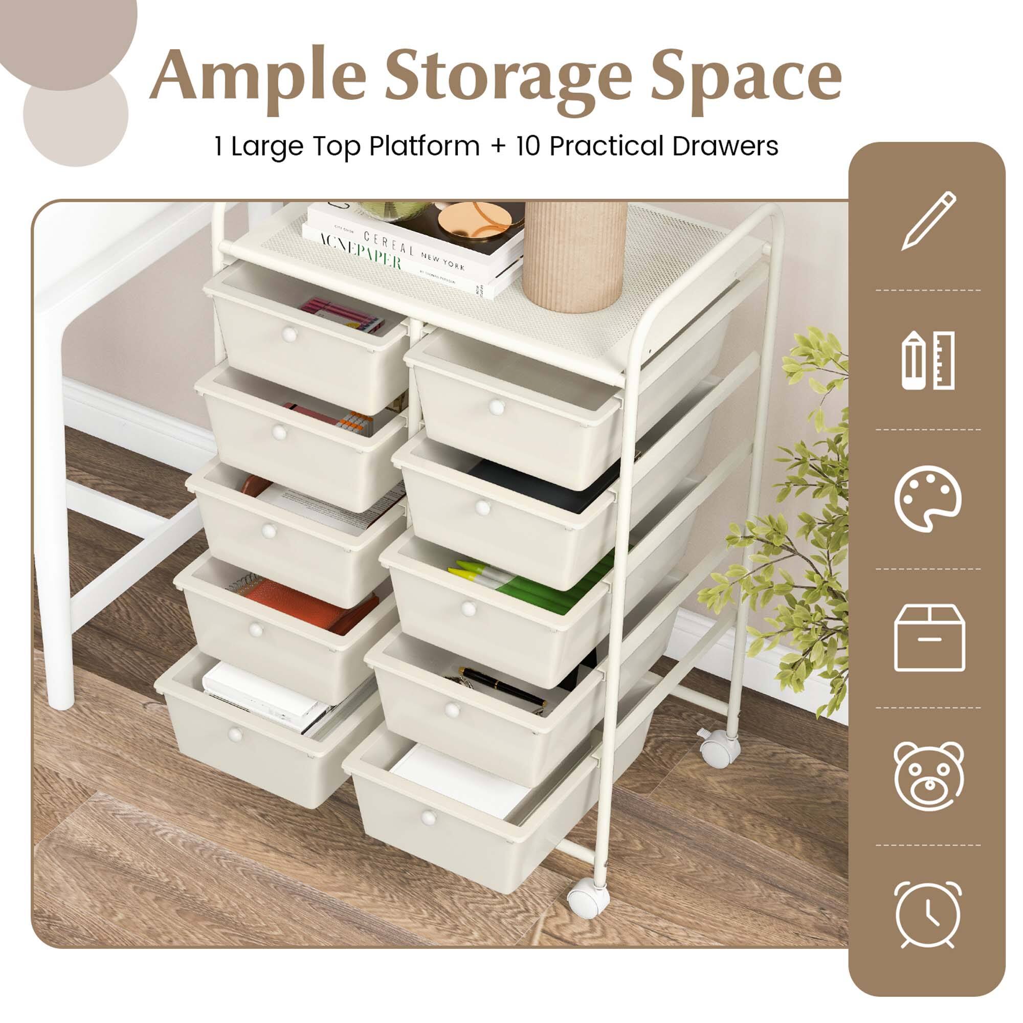 Ample Storage Space: 1 Large Top Platform + 10 Practical Drawers.