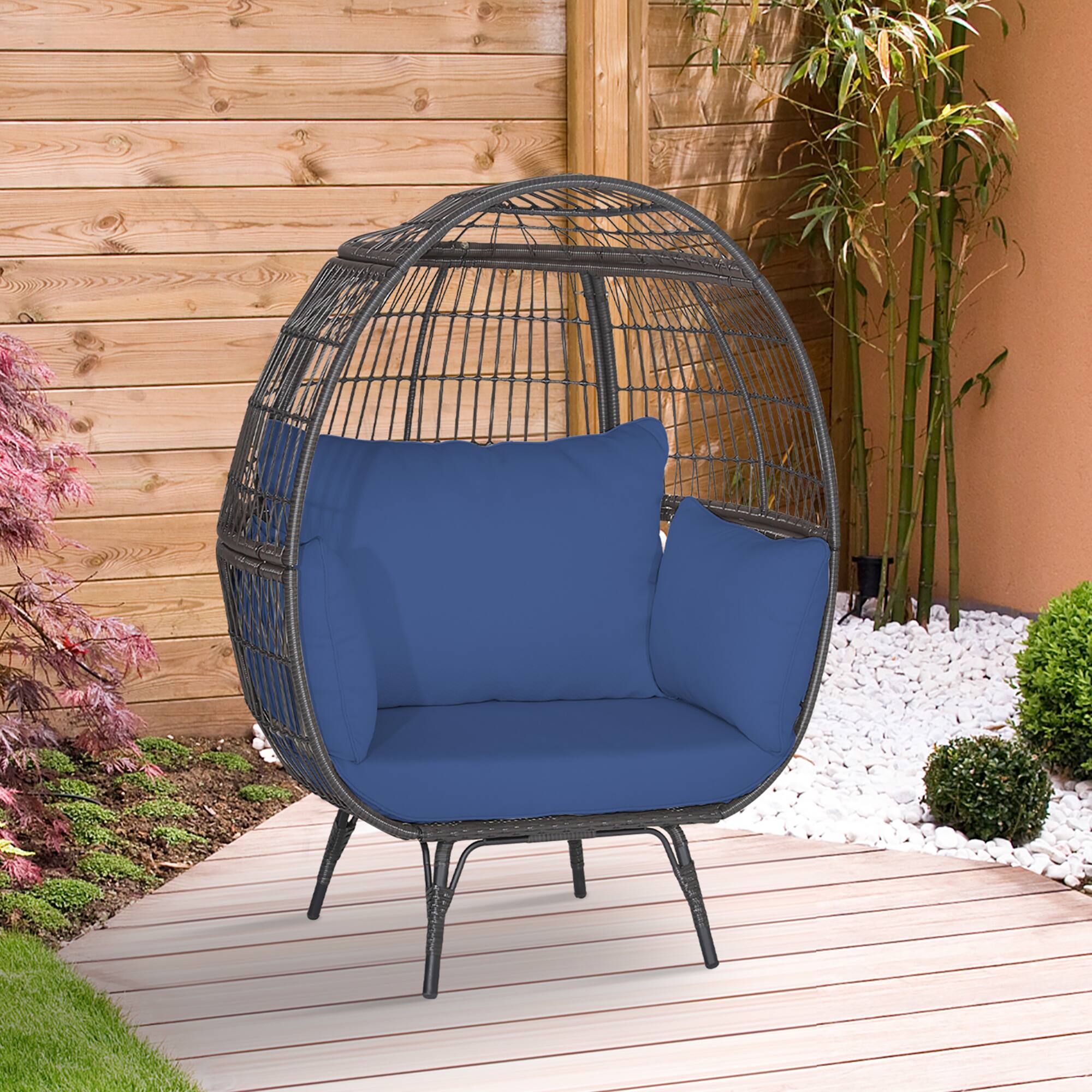 Alt View 1. Gymax - Gymax Patio Rattan Wicker Lounge Chair Oversized Outdoor Metal Frame Egg Chair w/ 4 Cushions - Mix Brown, Navy.