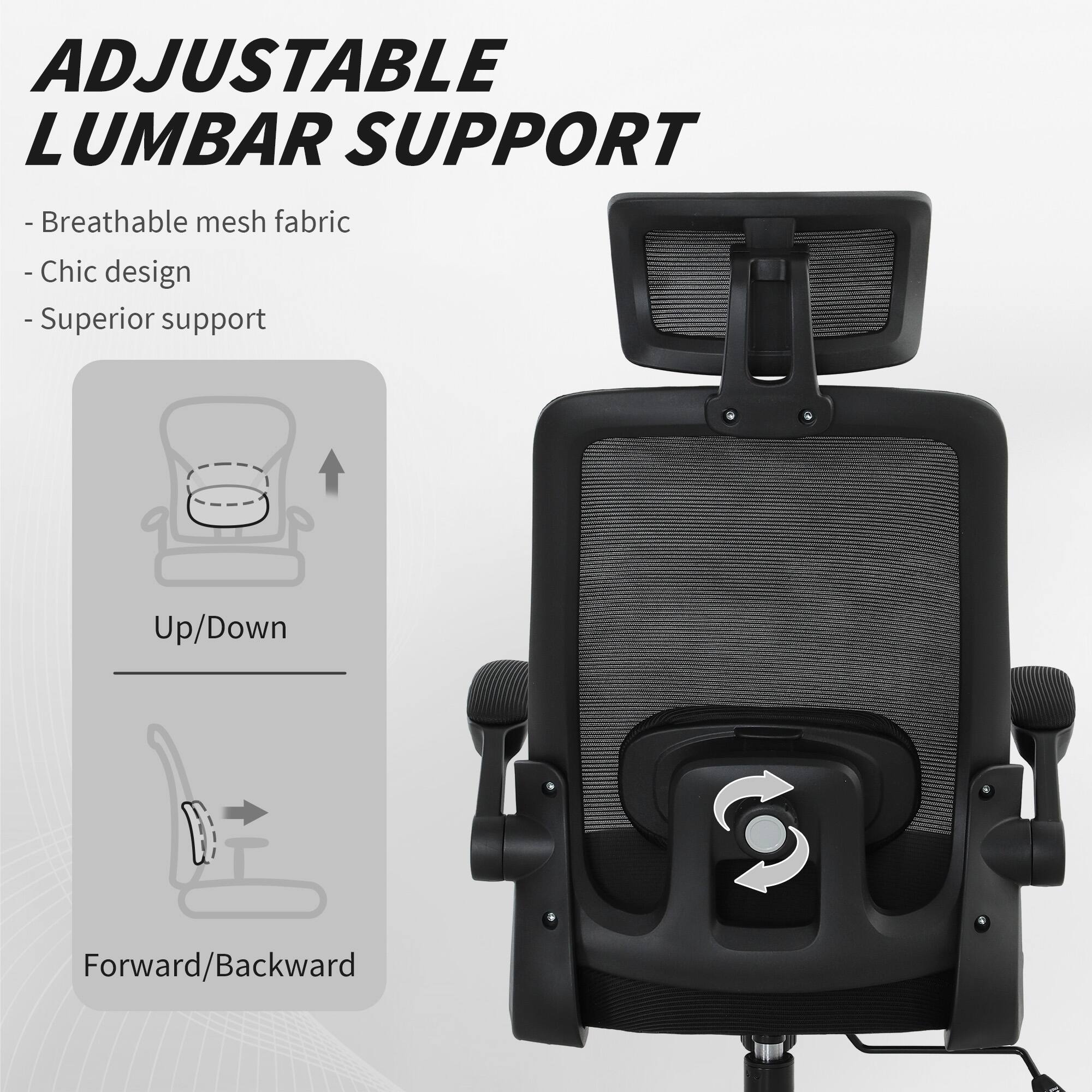 ADJUSTABLE LUMBAR SUPPORT

- Breathable mesh fabric
- Chic design
- Superior support

Up/Down
Forward/Backward