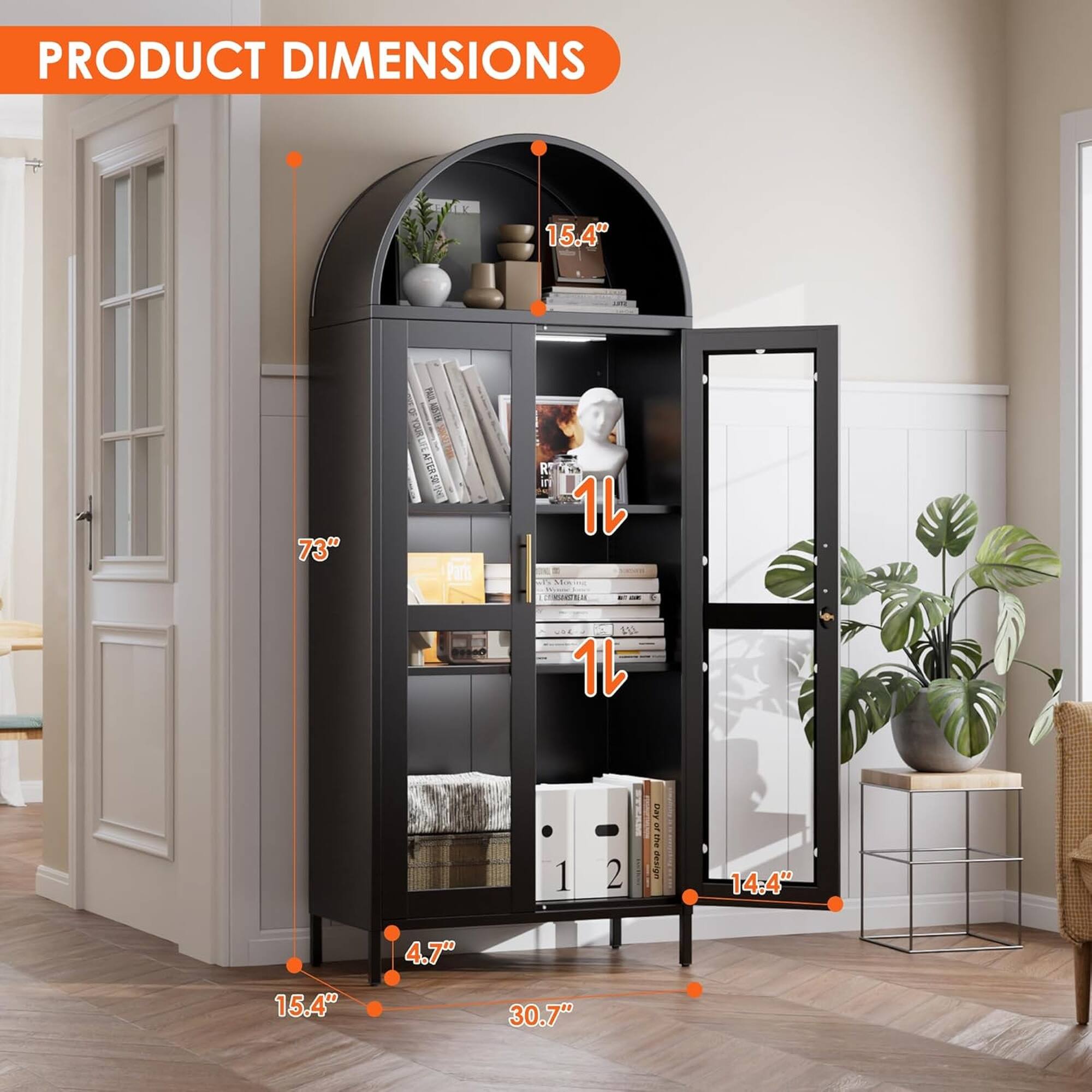 PRODUCT DIMENSIONS

- Length: 30.7"
- Width: 15.4"
- Height: 73"
- Depth: 15.4"
- Shelf Depth: 11"
- Shelf Height: 14.4"
- Bottom Shelf Height: 4.7"