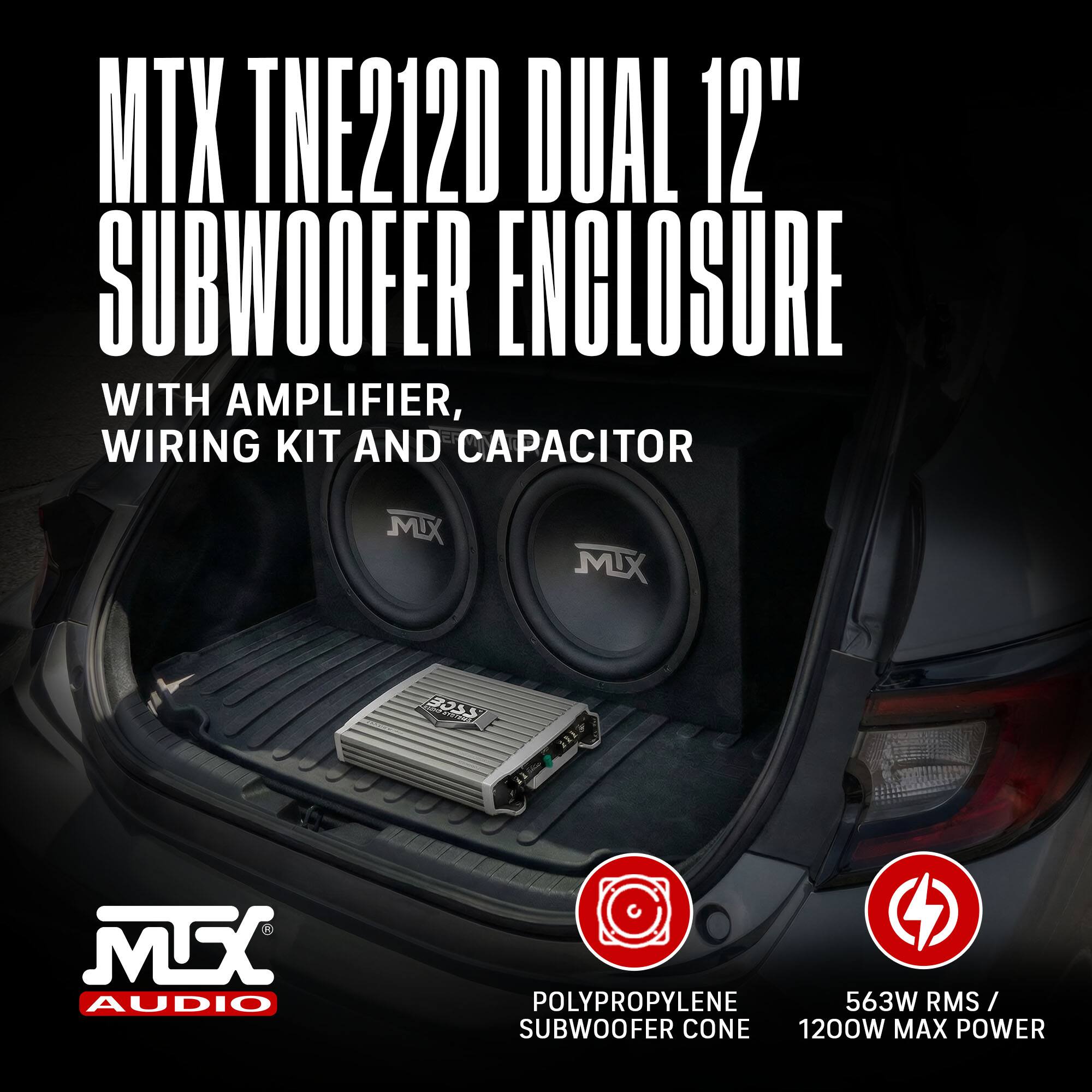 MTX TNE212D DUAL 12" SUBWOOFER ENCLOSURE WITH AMPLIFIER, WIRING KIT AND CAPACITOR

- POLYPROPYLENE SUBWOOFER CONE
- 563W RMS / 1200W MAX POWER