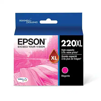 DESIGNED FOR EXCELLENCE
EPSON
EXCEED YOUR VISION
220XL
High-capacity*
2.5x more prints*
Grande capacité*
2.5x plus de tirages*
DURABrite Ultra Magenta
*Based on ISO/IEC 24711. Actual yield may vary depending on usage.