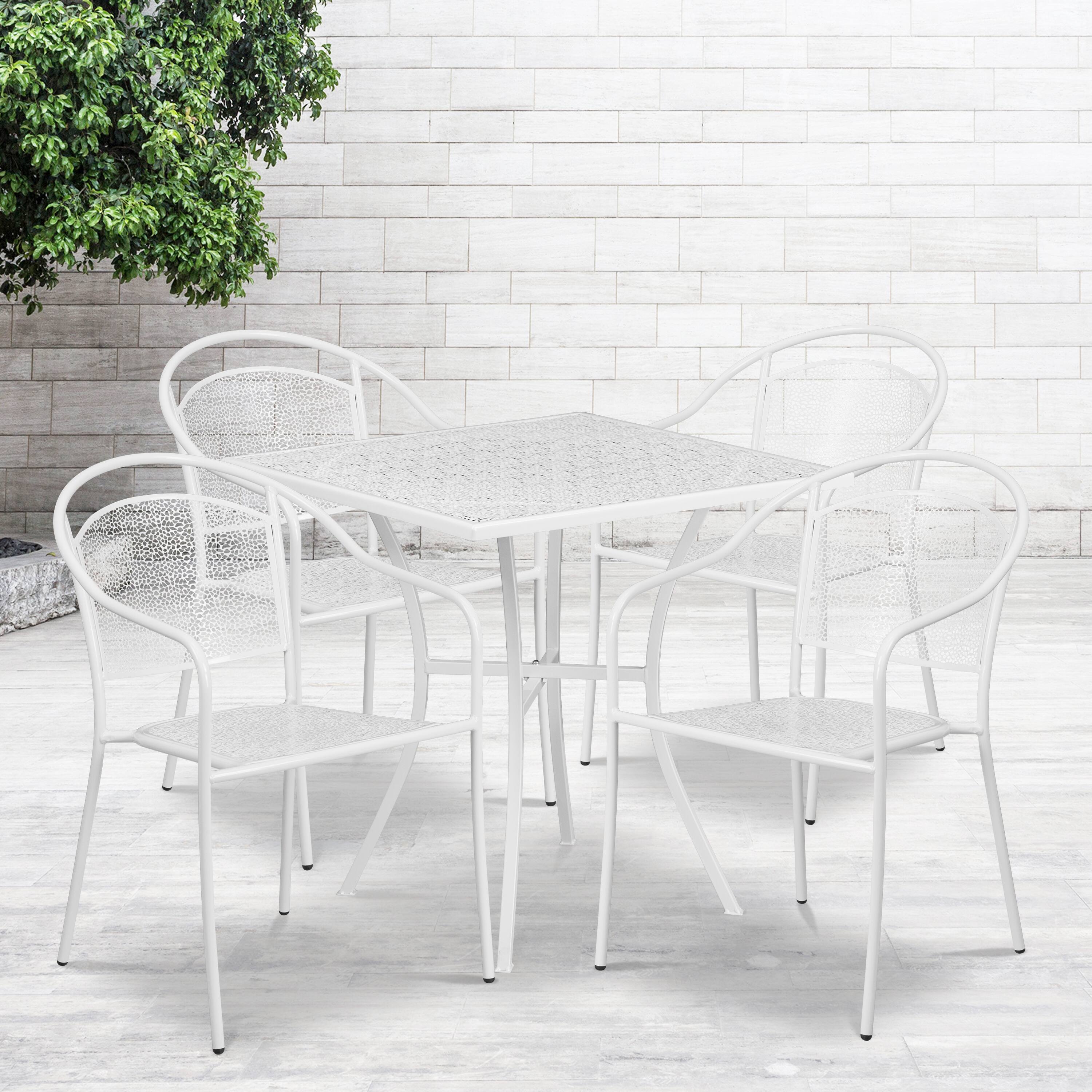 Alt View 1. Emma + Oliver - Commercial Grade 28" Square Metal Garden Patio Table Set w/ 4 Round Back Chairs - White.