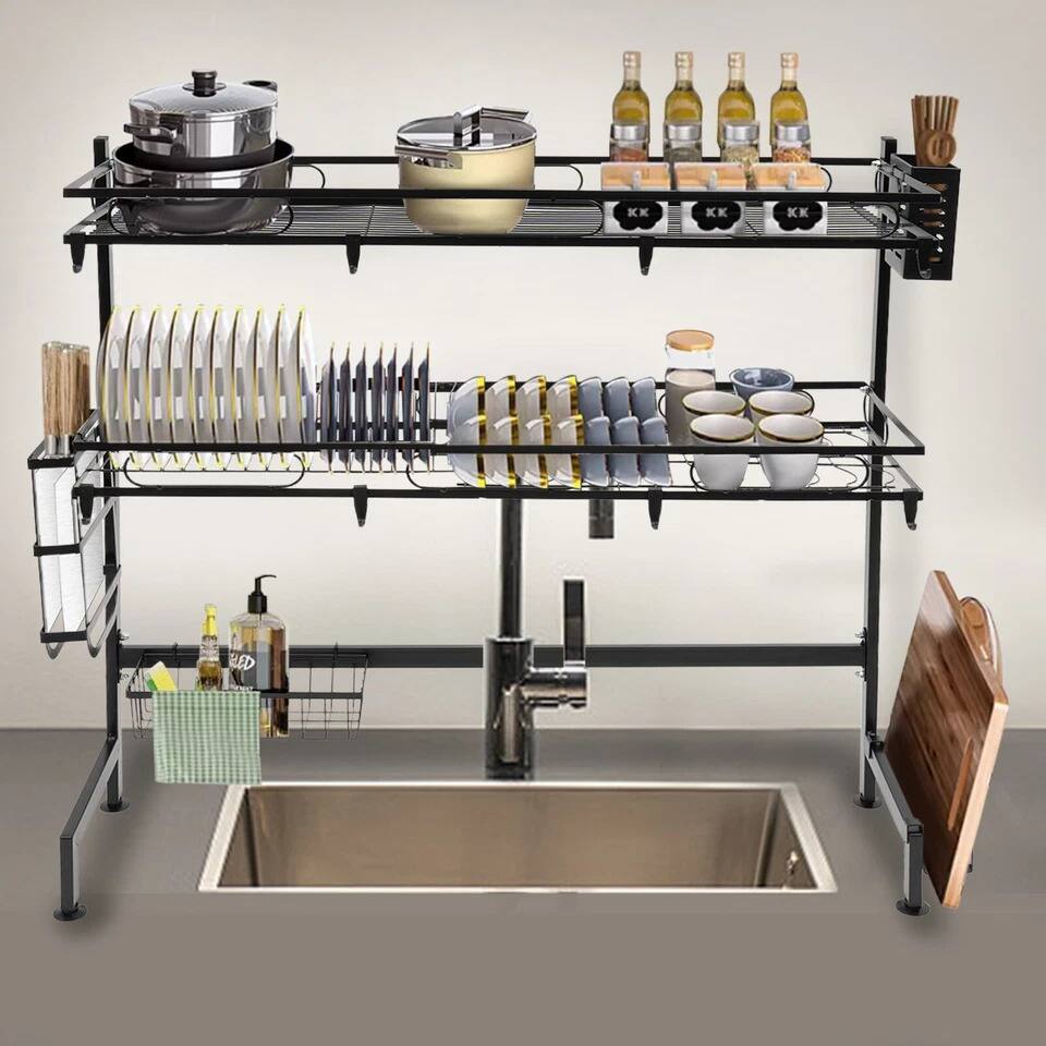 Alt View 2. Home Collection - 2-Tier Over Sink Dish Drying Rack Carbon Steel Kitchen Organizer Cup Cutlery Shelf.