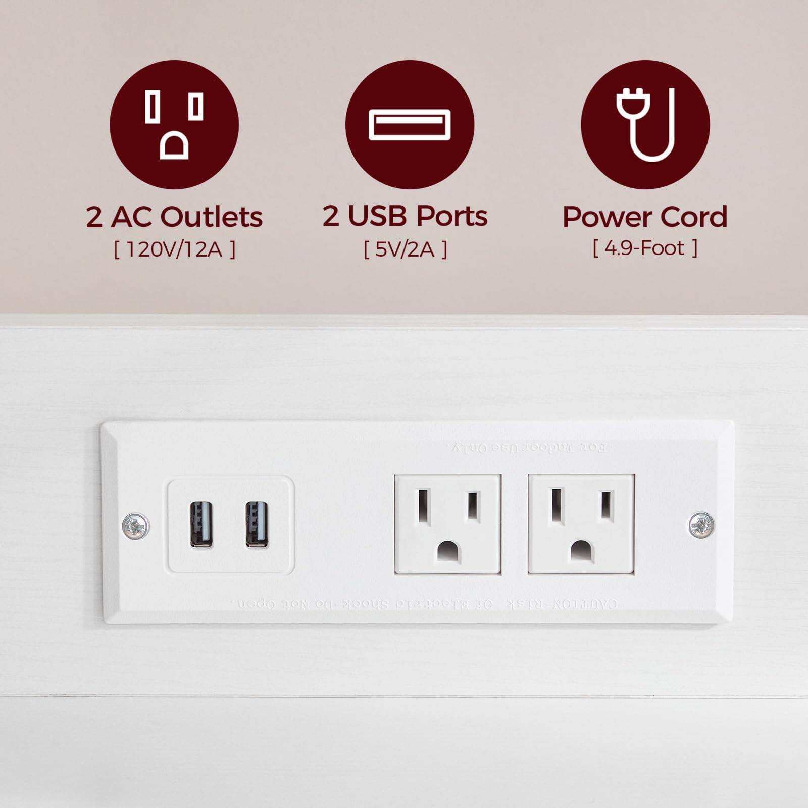 2 AC Outlets [120V/12A]  
2 USB Ports [5V/2A]  
Power Cord [4.9-Foot]  

CAUTION:  
SHOCK HAZARD  
DO NOT SUBMERGE IN WATER  
DO NOT EXPOSE TO WATER