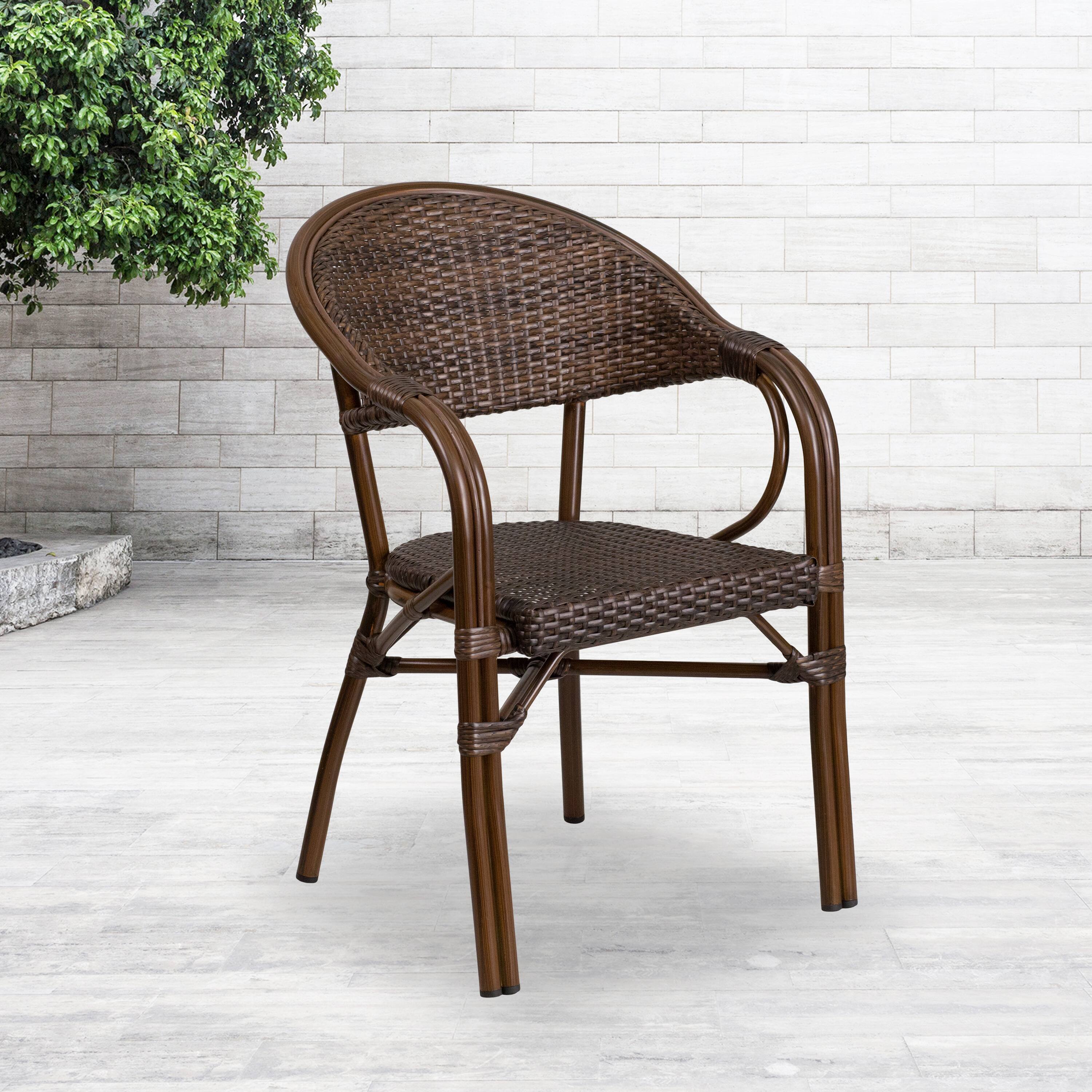 Alt View 1. Emma + Oliver - Rattan Restaurant Patio Bamboo-Aluminum Frame Chair with Open Back - Cocoa Rattan/Bamboo-Aluminum Frame.