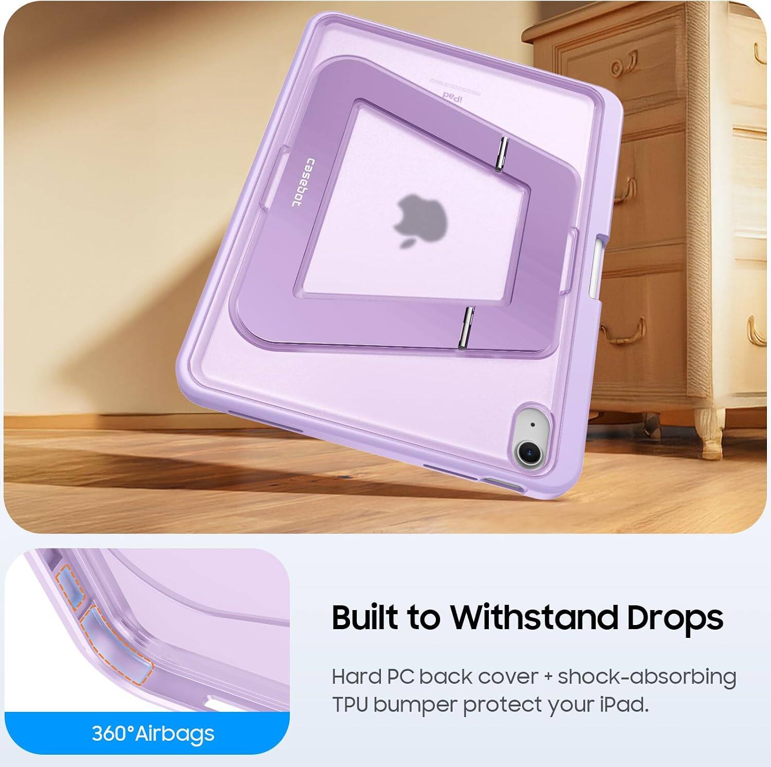 iPad casebot Built to Withstand Drops 360 360Airbags Hard PC back cover + shock-absorbing TPU bumper protect your iPad.