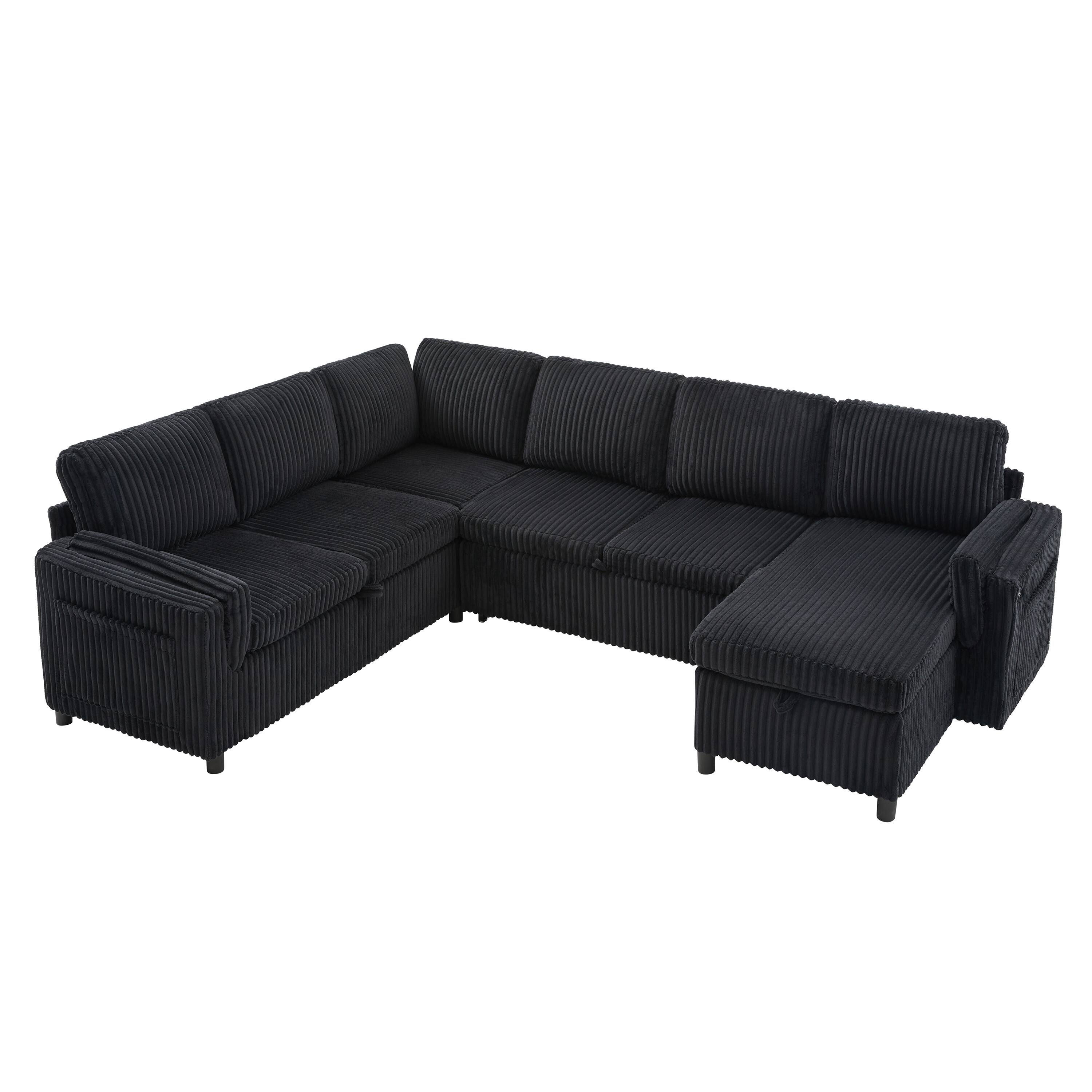 Left. Whisen - Convertible U-Shaped Sectional Sofa Bed Pull Out Sleeper with USB Ports and Storage - Black.