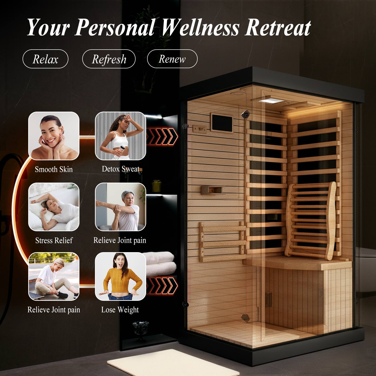 Your Personal Wellness Retreat

Relax
Refresh
Renew

- Smooth Skin
- Detox Sweat
- Stress Relief
- Relieve Joint pain
- Relieve Joint pain
- Lose Weight