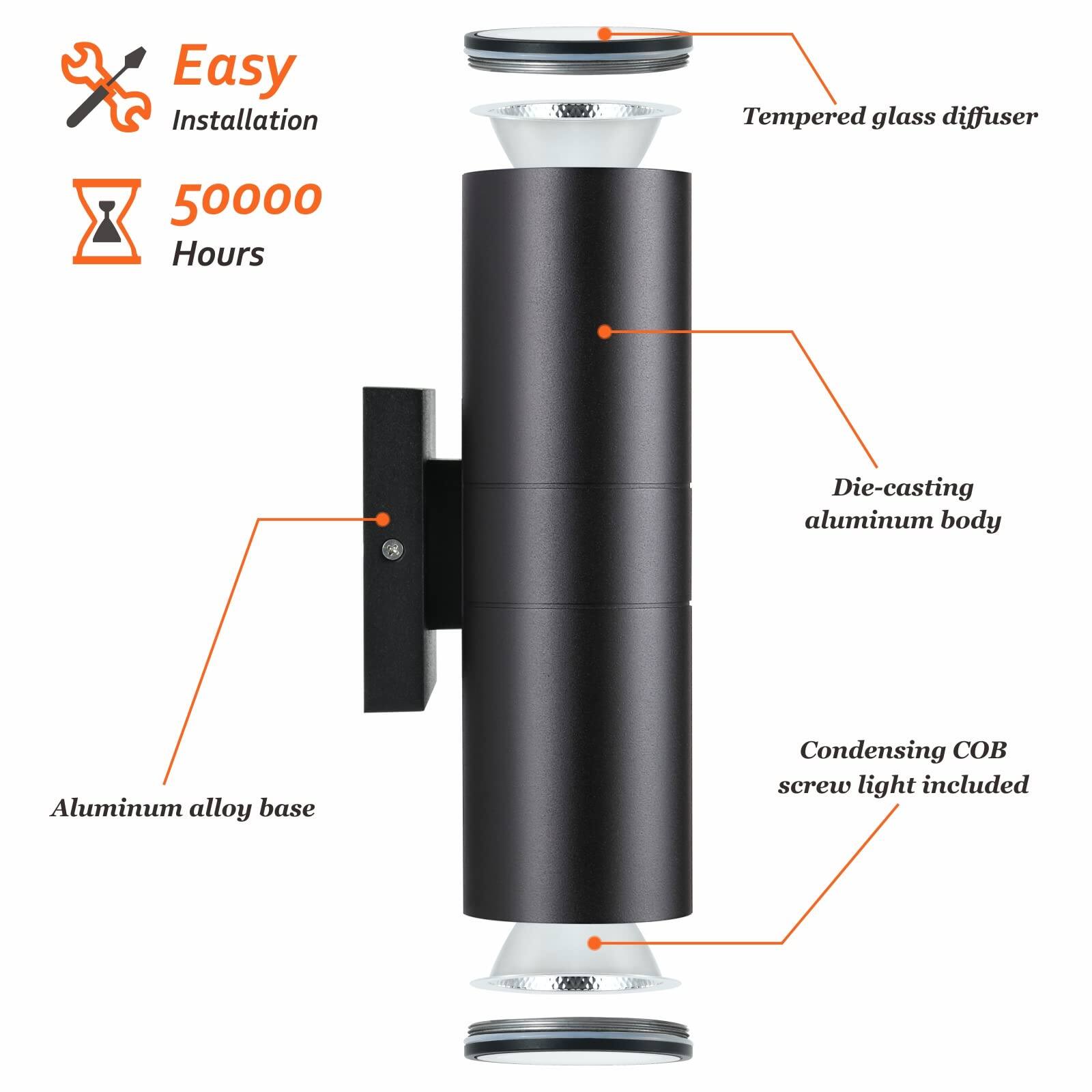 Easy Installation  
50000 Hours  
Tempered glass diffuser  
Die-casting aluminum body  
Aluminum alloy base  
Condensing COB screw light included