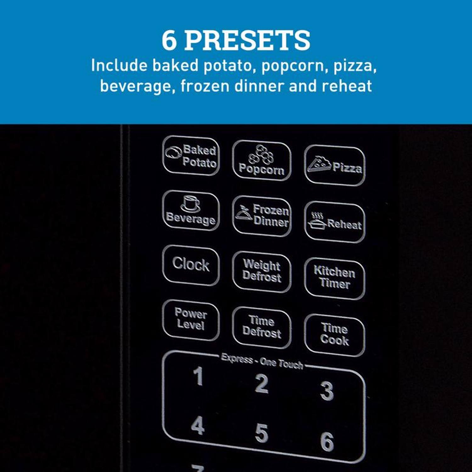 6 PRESETS  
Include baked potato, popcorn, pizza, beverage, frozen dinner and reheat  

Baked Potato  
Popcorn  
Pizza  
Beverage  
Frozen Dinner  
Reheat  

Clock  
Weight Defrost  
Kitchen Timer  
Power Level  
Time Defrost  
Time Cook  

Express - One Touch  
1 2 3  
4 5 6  

$385