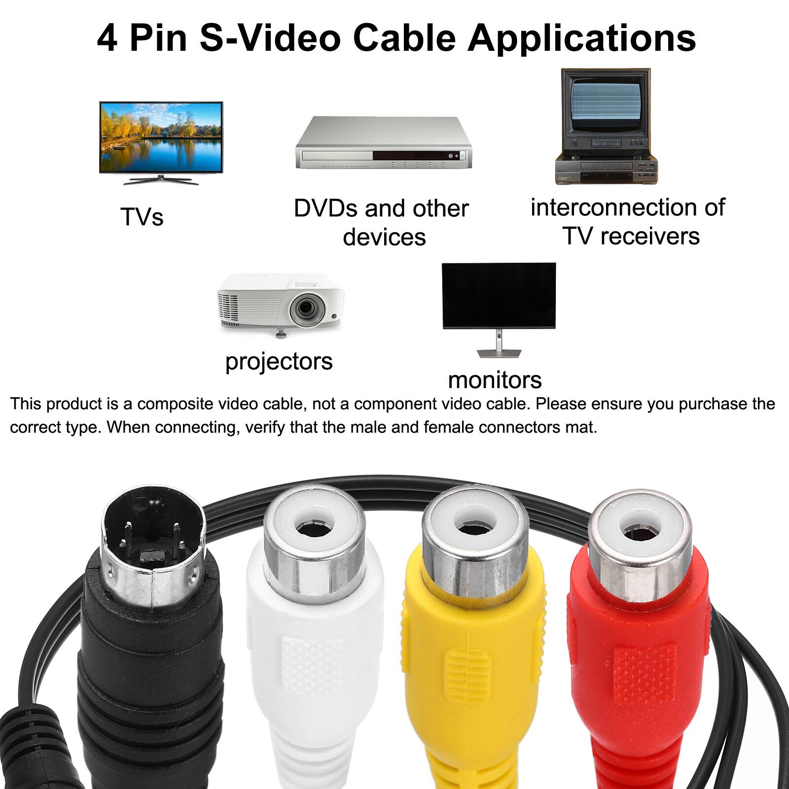 4 Pin S-Video Cable Applications

TVs  
DVDs and other devices  
interconnection of TV receivers  
projectors  
monitors  

This product is a composite video cable, not a component video cable. Please ensure you purchase the correct type. When connecting, verify that the male and female connectors match.