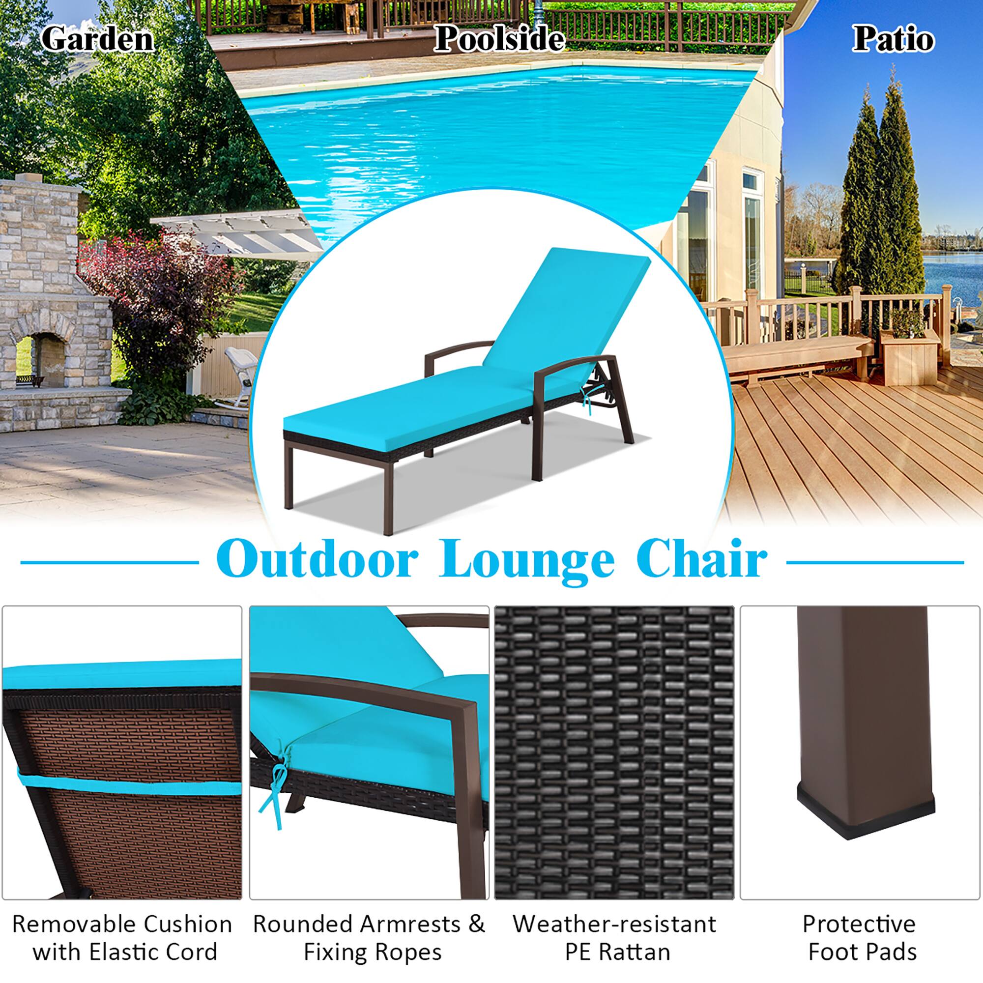 Outdoor Lounge Chair with Removable Cushion, Rounded Armrests & Weather-resistant Protective with Elastic Cord Fixing Ropes PE Rattan Foot Pads.