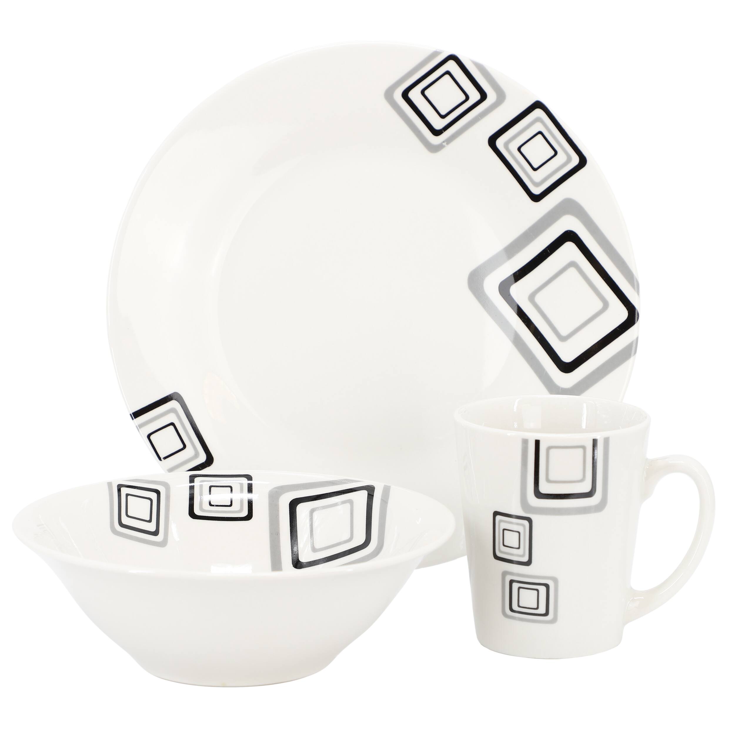 Alt View 1. Gibson - Gibson Home Black Squares 12 Piece Round Fine Ceramic Dinnerware Set in White - White.