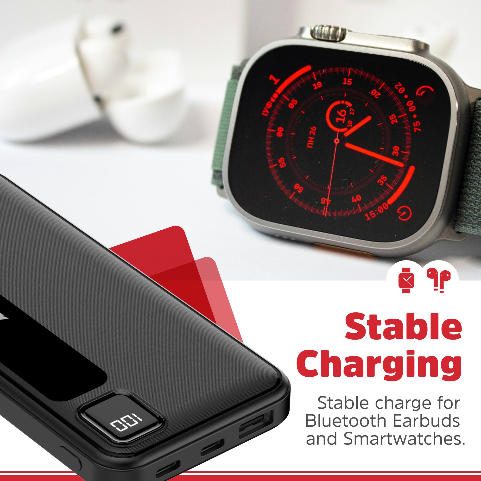 Stable Charging: Stable charge for 2 Bluetooth Earbuds and Smartwatches.