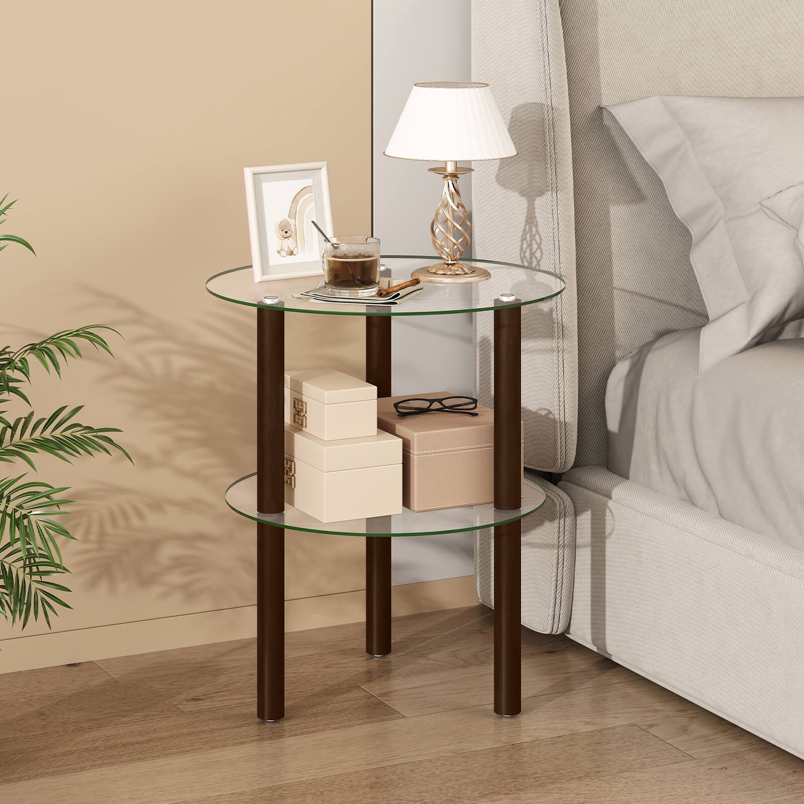 Alt View 3. Costway - Costway 2PCS Round End Table, 2-Tier Sofa Side Table with Clear Tempered Glass Top & Shelf - Brown.