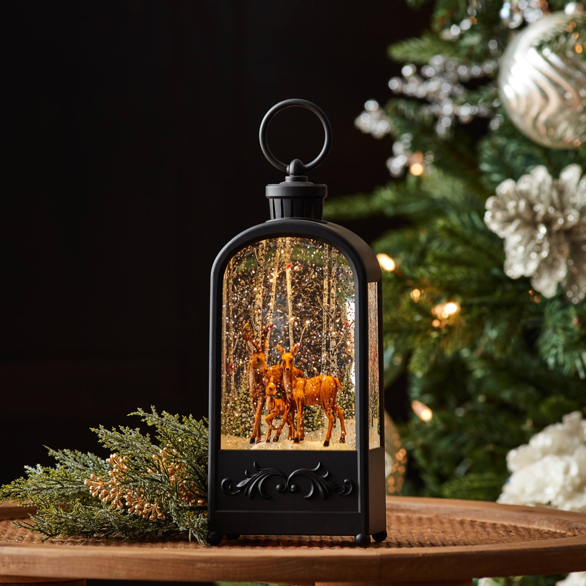 Angle. BreeBe - LED Snow Globe Lantern with Forest Deer 9.5"H - Bronze, Brown.