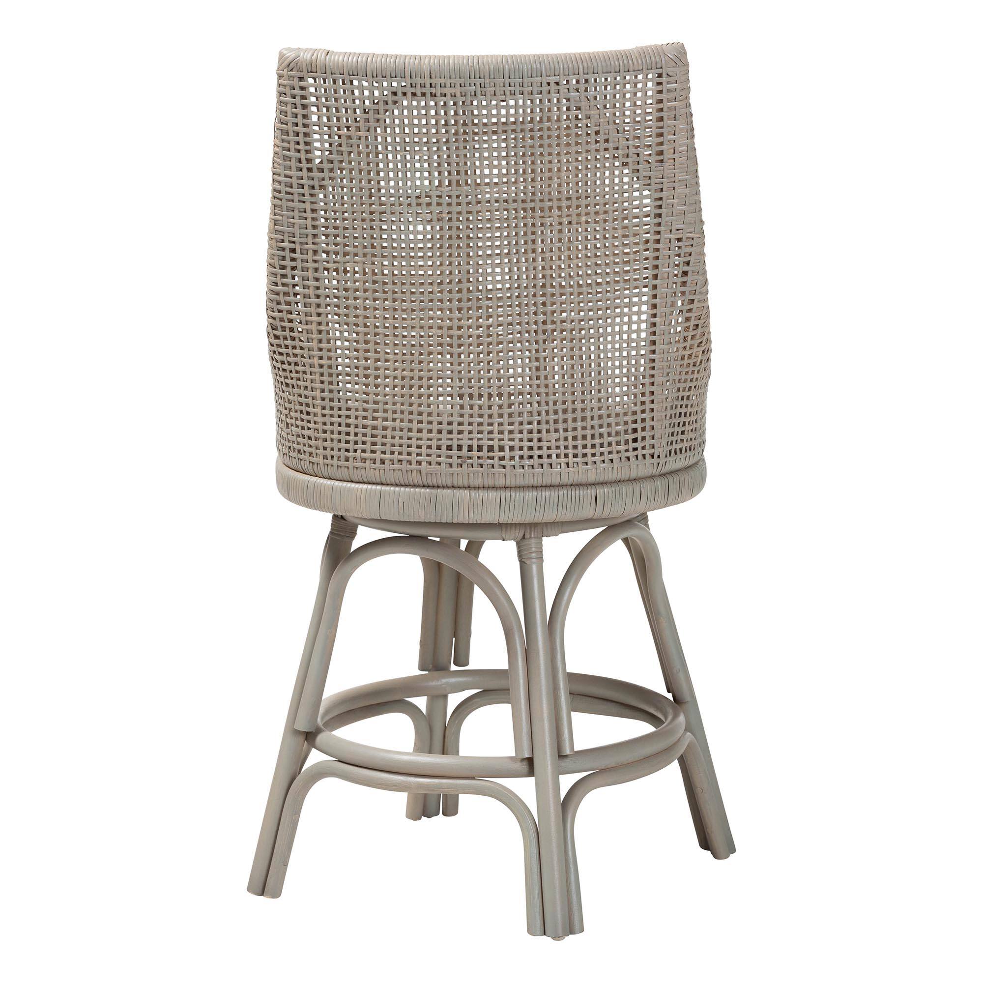 Left. bali & pari - Bella Swivel Rattan Counter Stool with Cushion - Handwoven Wicker Kitchen Island Seating with Backrest and Footrest - French Grey.