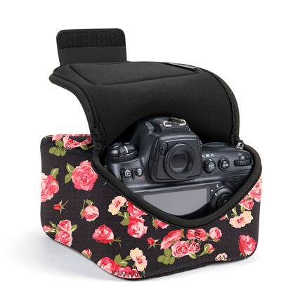 Front. USA Gear - USA Gear Camera Sleeve (Large) for Mid-Size SLRs - Pocket & Belt Loop (Floral).