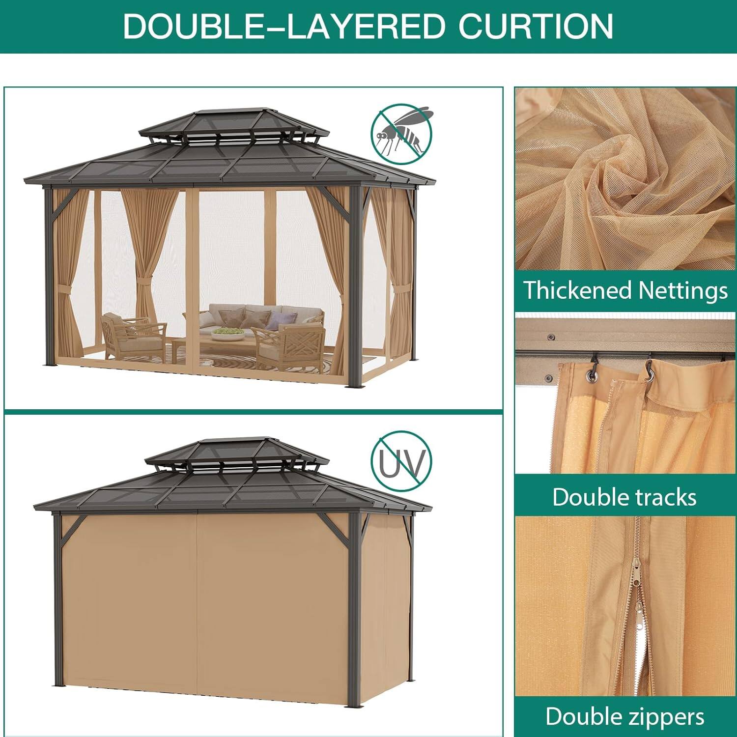 DOUBLE-LAYERED CURTAIN

- Thickened Nettings
- UV Protection
- Double tracks
- Double zippers