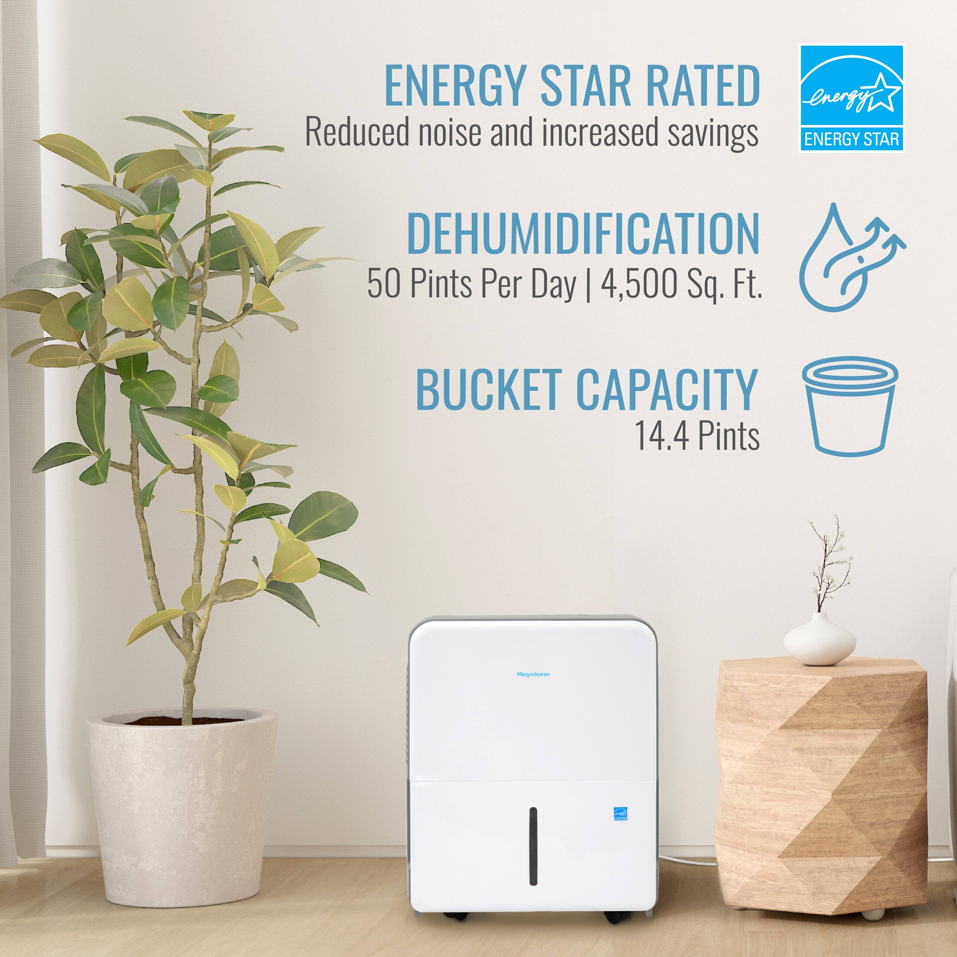 ENERGY STAR RATED  
Reduced noise and increased savings  

DEHUMIDIFICATION  
50 Pints Per Day | 4,500 Sq. Ft.  

BUCKET CAPACITY  
14.4 Pints