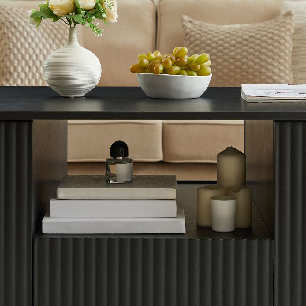 Alt View 5. Lirago - 47" Modern Oval Coffee Table Black with Drawers Storage Open shelving Compartments Curved Contour Design - Black.